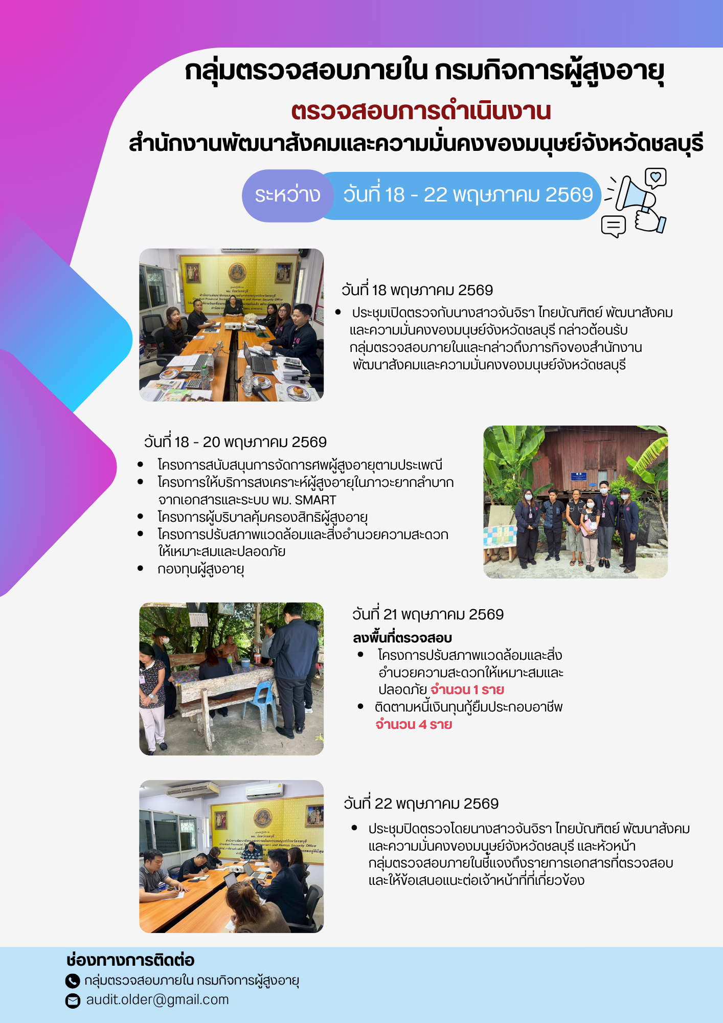กลุ่มตรวจสอบภายในเข้าตรวจสอบการเบิกจ่ายงบประมาณแทนกรมกิจการผู้สูงอายุและการดำเนินงานของสำนักงานพัฒนาการจัดสวัสดิการสังคมผู้สูงอายุจังหวัดชลบุรี