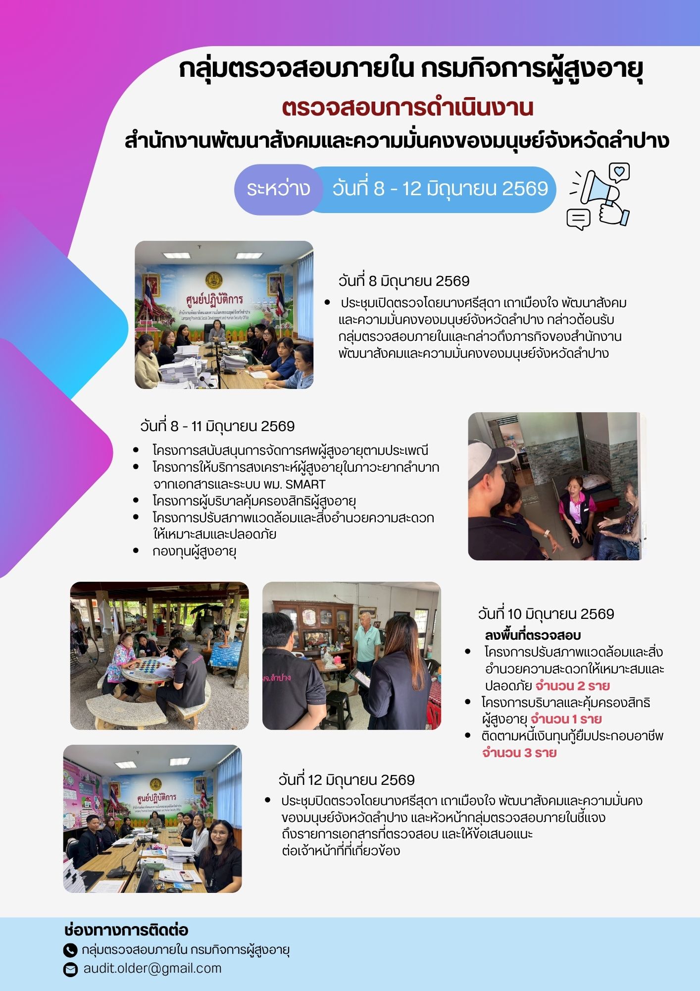 กลุ่มตรวจสอบภายในเข้าตรวจสอบการเบิกจ่ายงบประมาณแทนกรมกิจการผู้สูงอายุและการดำเนินงานของสำนักงานพัฒนาการจัดสวัสดิการสังคมผู้สูงอายุจังหวัดลำปาง