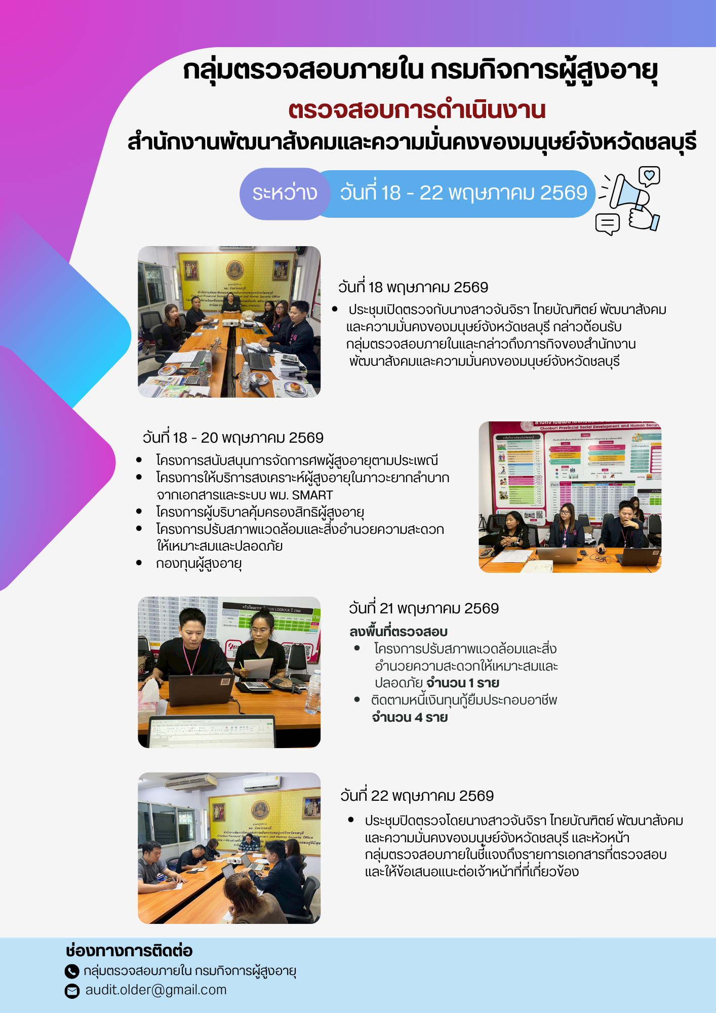  กลุ่มตรวจสอบภายในเข้าตรวจสอบการเบิกจ่ายงบประมาณแทนกรมกิจการผู้สูงอายุและการดำเนินงานของสำนักงานพัฒนาสังคมและความมั่นคงของมนุษย์จังหวัดชลบุรี