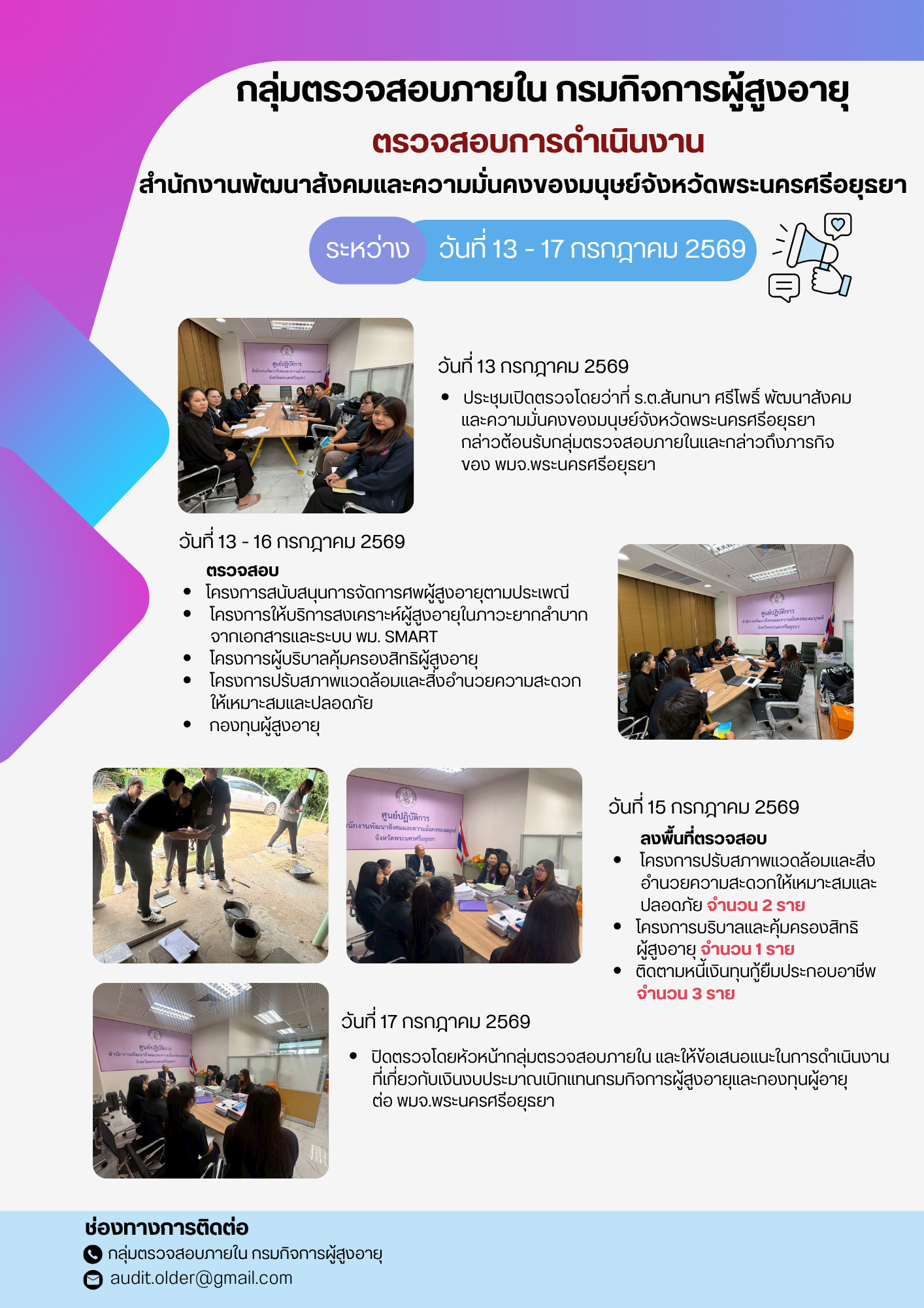  กลุ่มตรวจสอบภายในเข้าตรวจสอบการเบิกจ่ายงบประมาณแทนกรมกิจการผู้สูงอายุและการดำเนินงานของสำนักงานพัฒนาสังคมและความมั่นคงของมนุษย์จังหวัดพระนครศรีอยุธยา