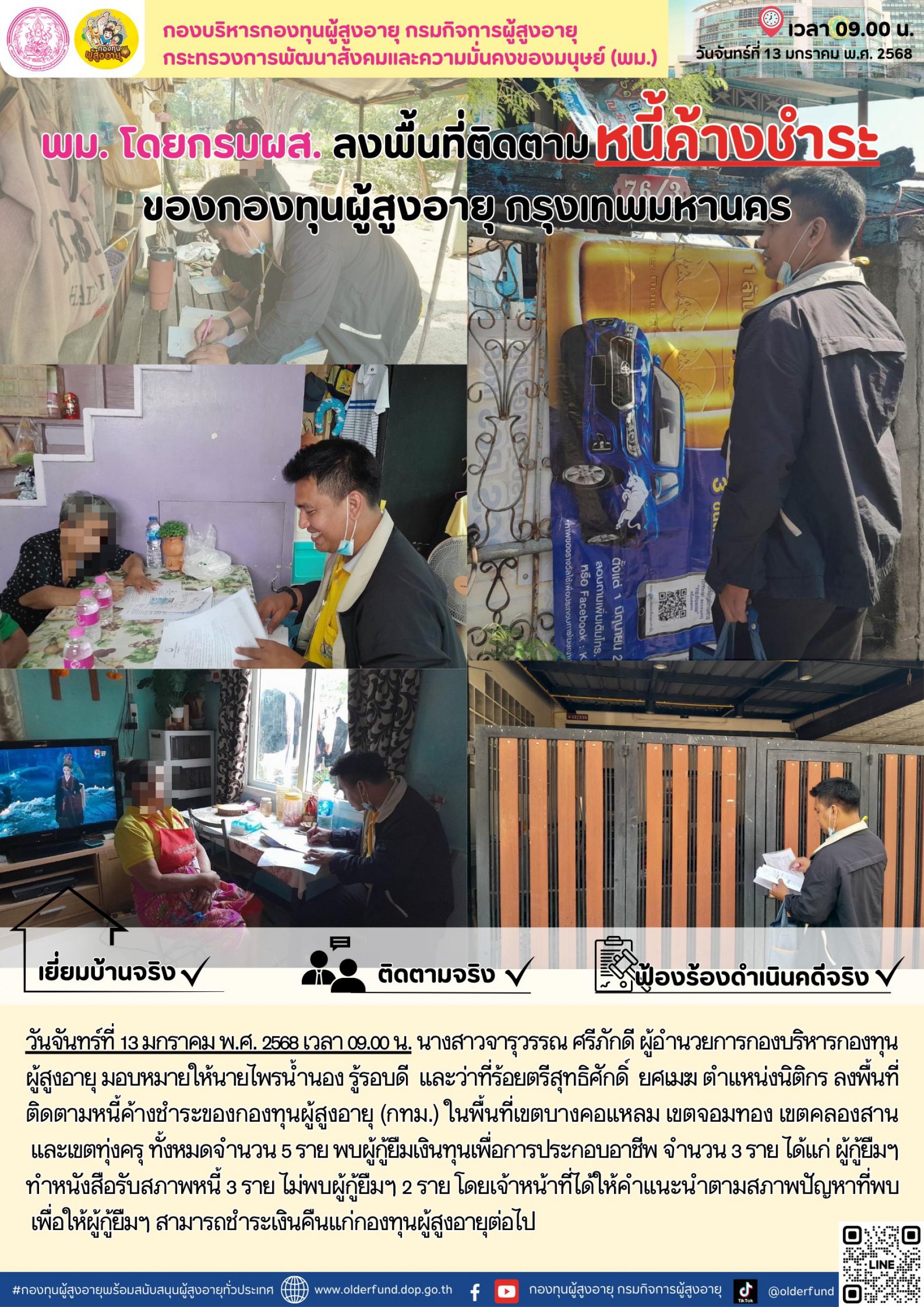 พม.โดยกรมผส. ลงพื้นที่ติดตามหนี้ค้างชำระของกองทุนผู้สูงอายุ (กทม.)