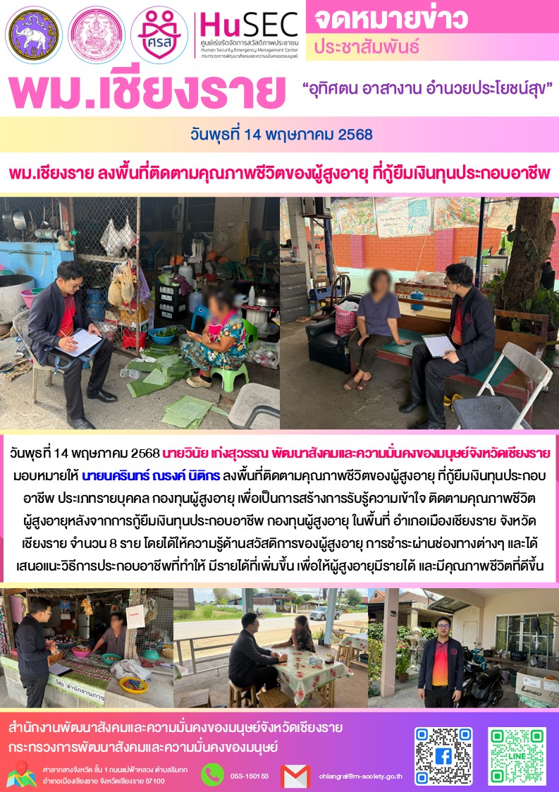 พม.เชียงราย ลงพื้นที่ติดตามคุณภาพชีวิตของผู้สูงอายุ ที่กู้ยืมเงินทุนประกอบอาชีพ