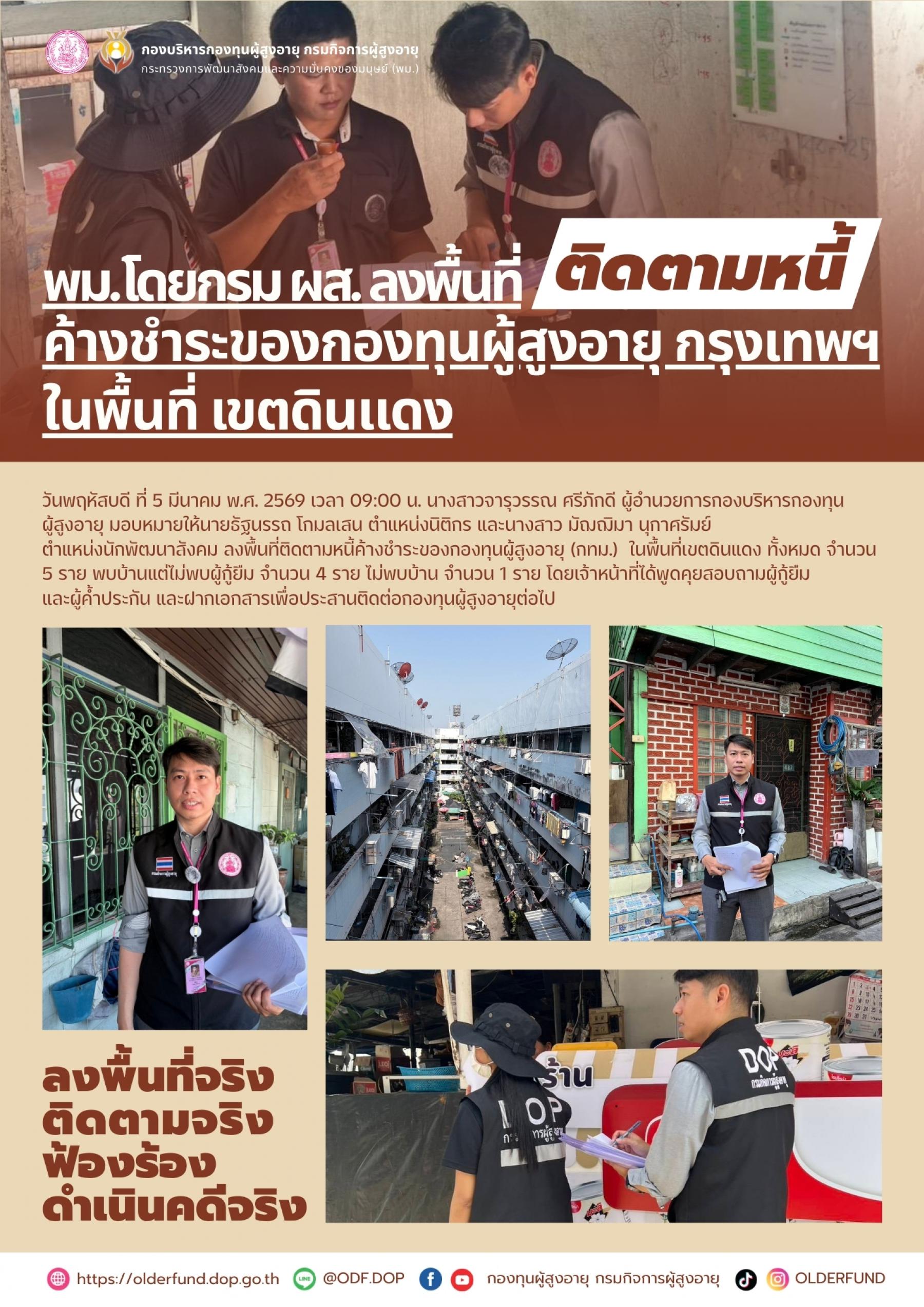 พม. โดยกรม ผส. ลงพื้นที่ติดตามหนี้ค้างชำระของกองทุนผู้สูงอายุ (กทม.)  ในพื้นที่เขตดินแดง