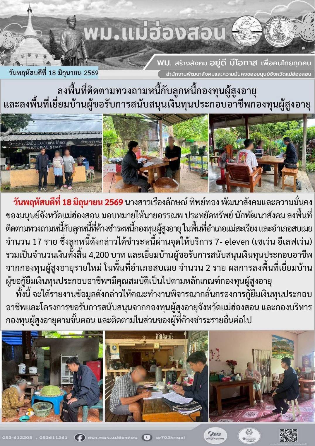 พม.แม่ฮ่องสอน ลงพื้นที่ติดตามทวงถามหนี้กับลูกหนี้กองทุนผู้สูงอายุ และลงพื้นที่เยี่ยมบ้านผู้ขอรับการสนับสนุนเงินทุนประกอบอาชีพของกองทุนผู้สูงอายุ 