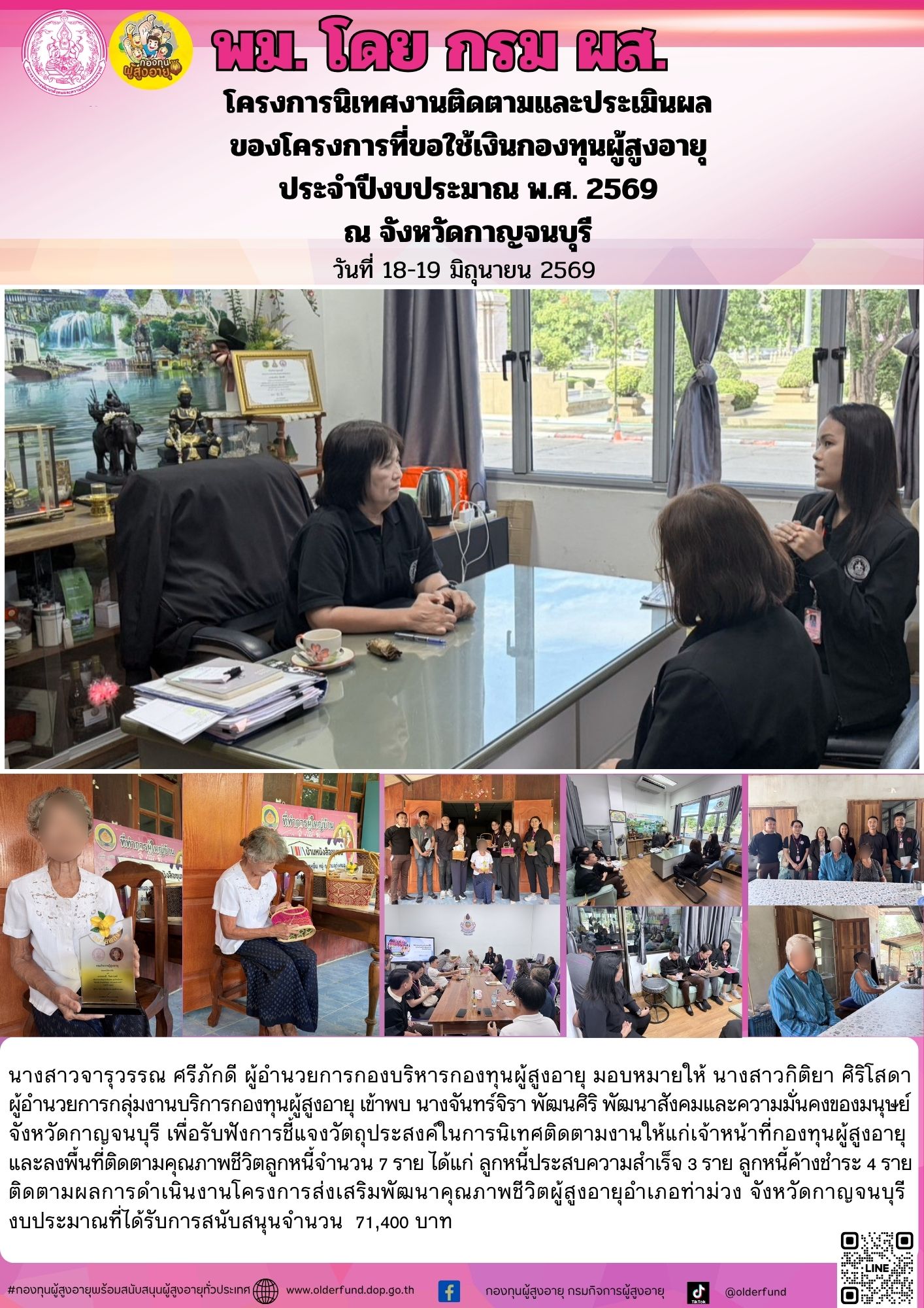 โครงการนิเทศงานติดตามและประเมินผล ของโครงการที่ขอใช้เงินกองทุนผู้สูงอายุ ประจำปีงบประมาณ พ.ศ. 2569 ณ จังหวัดกาญจนบุรี วันที่ 18-19 มิถุนายน 2569 