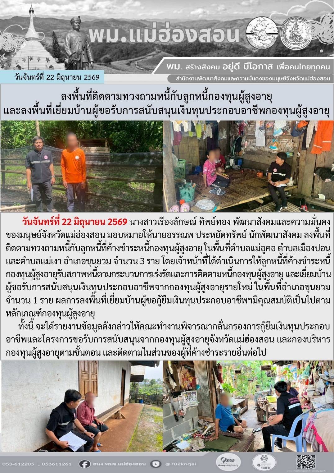 พม.แม่ฮ่องสอน ลงพื้นที่ติดตามทวงหนี้กับลูกหนี้กองทุนผู้สูงอายุ และลงพื้นที่เยี่ยมบ้านผู้ขอรับการสนับสนุนเงินทุนประกอบอาชีพกองทุนผู้สูงอายุ 