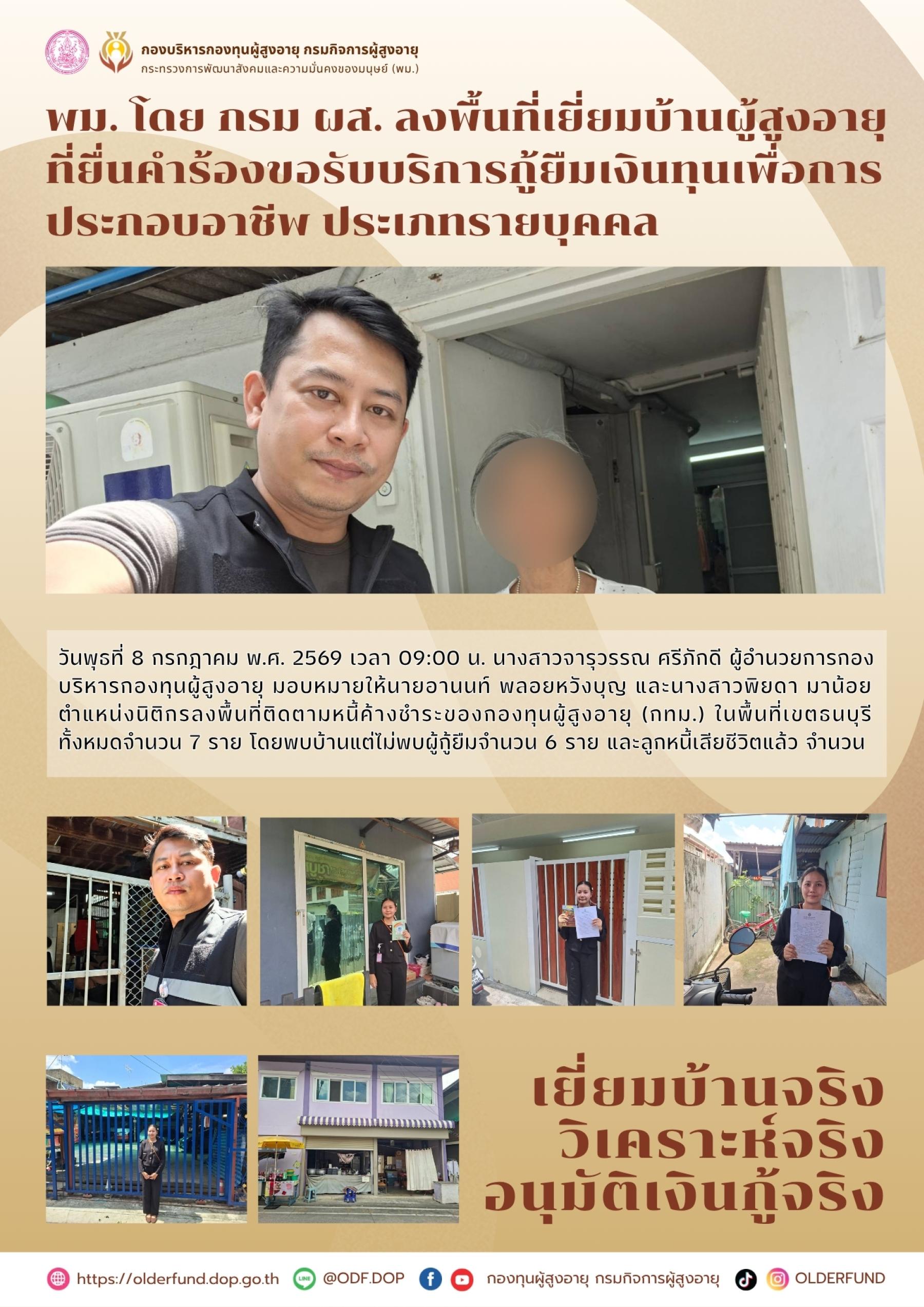 พม. โดย กรม ผส. ลงพื้นที่เยี่ยมบ้านผู้สูงอายุ ที่ยื่นคำร้องขอรับบริการกู้ยืมเงินทุนเพื่อการประกอบอาชีพ ประเภทรายบุคคล