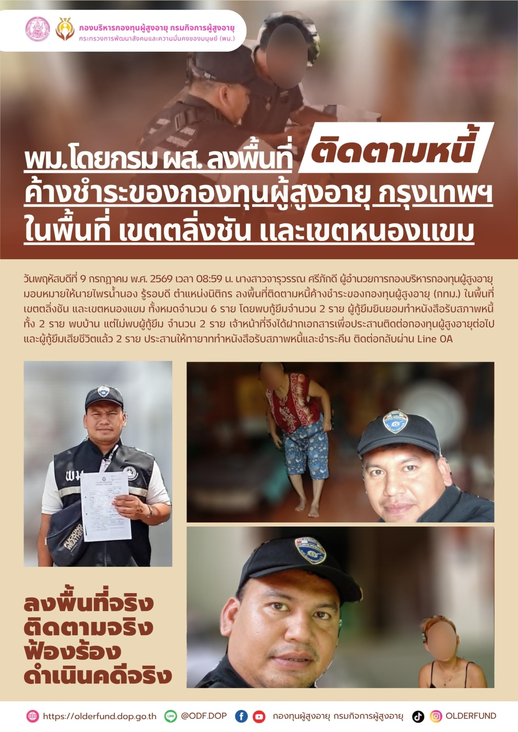 พม. โดย กรม ผส. ลงพื้นที่ติดตามหนี้ค้างชำระของกองทุนผู้สูงอายุ กรุงเทพฯ ในพื้นที่ เขตตลิ่งชัน และเขตหนองแขม