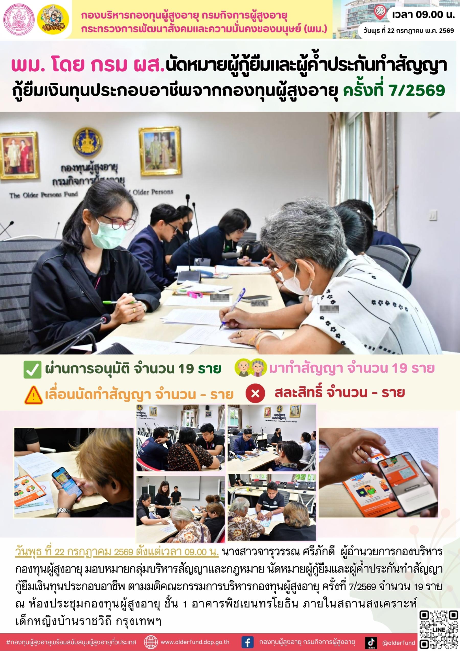 พม. โดย กรม ผส. นัดหมายผู้กู้ยืมและผู้ค้ำประกันทำสัญญากู้ยืมเงินทุนประกอบอาชีพจากกองทุนผู้สูงอายุ ครั้งที่ 7/2569