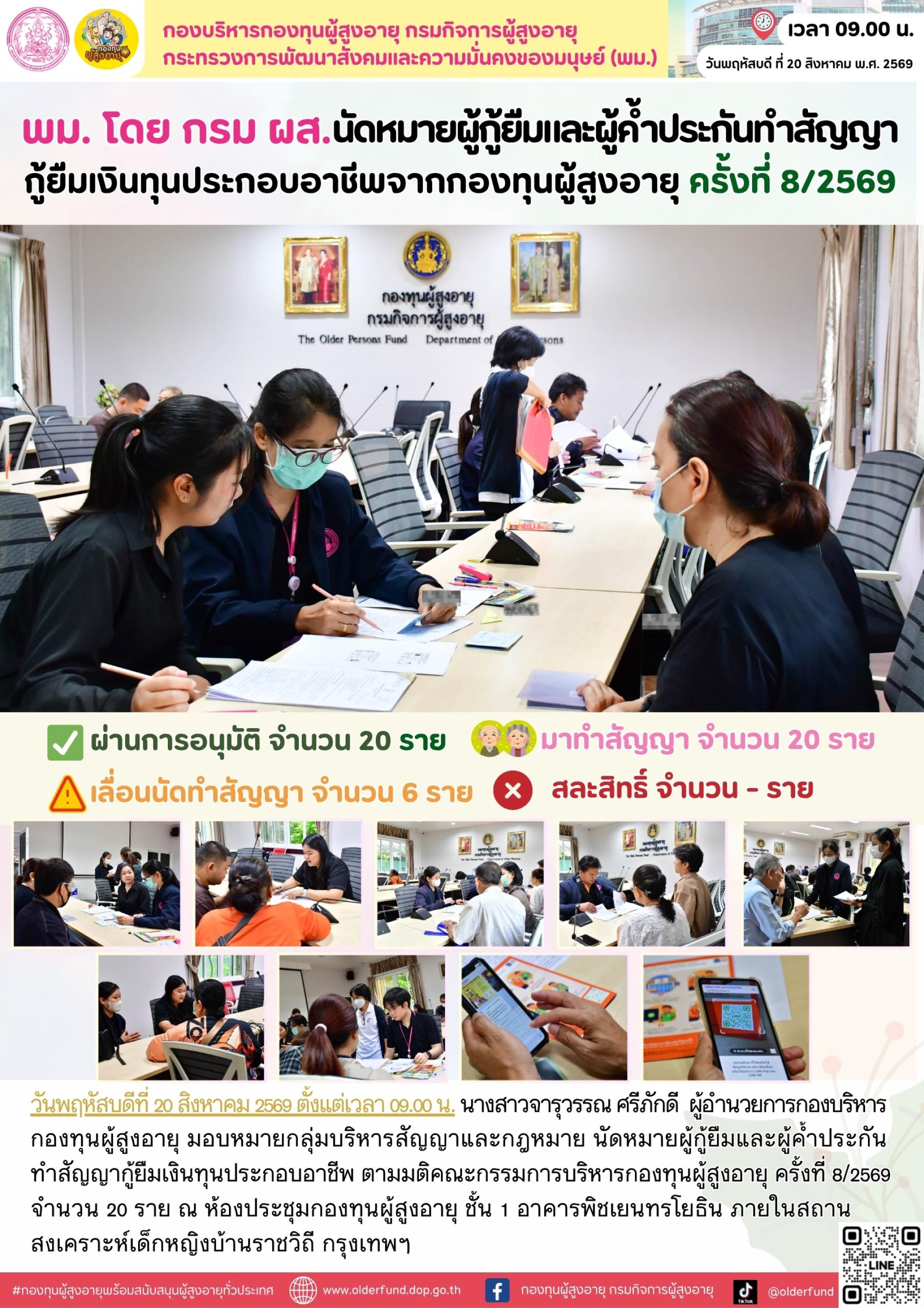 พม. โดย กรม ผส. นัดหมายผู้กู้ยืมและผู้ค้ำประกันทำสัญญากู้ยืมเงินทุนประกอบอาชีพจากกองทุนผู้สูงอายุ ครั้งที่ 8/2569