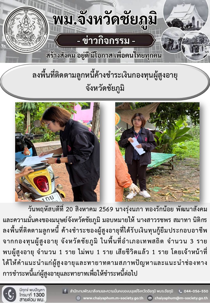 พม.ชัยภูมิ ลงพื้นที่ติดตามลูกหนี้ค้างชำระเงินกองทุนผู้สูงอายุจังหวัดชัยภูมิ