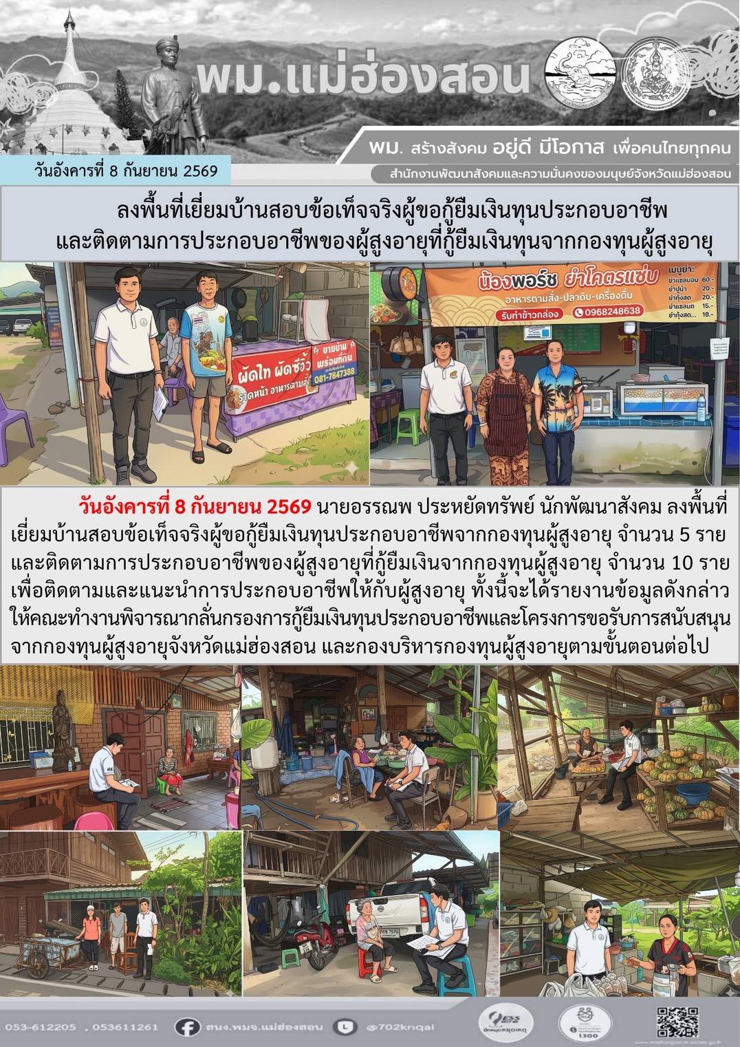พม.แม่ฮ่องสอน ลงพื้นที่เยี่ยมบ้านสอบข้อเท็จจริงผู้ขอกู้ยืมเงินทุนประกอบอาชีพ และติดตามการประกอบอาชีพของผู้สูงอายุที่กู้ยืมเงินทุนจากกองทุนผู้สูงอายุ
