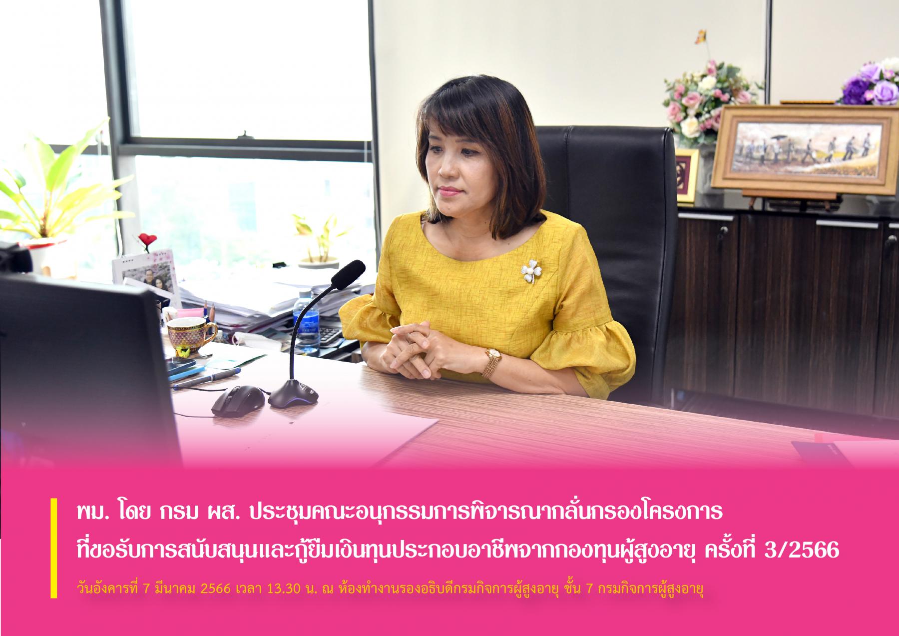 พม. โดย กรม ผส. ประชุมคณะอนุกรรมการพิจารณากลั่นกรองโครงการที่ขอรับการสนับสนุนและกู้ยืมเงินทุนประกอบอาชีพจากกองทุนผู้สูงอายุ ครั้งที่ 3/2566