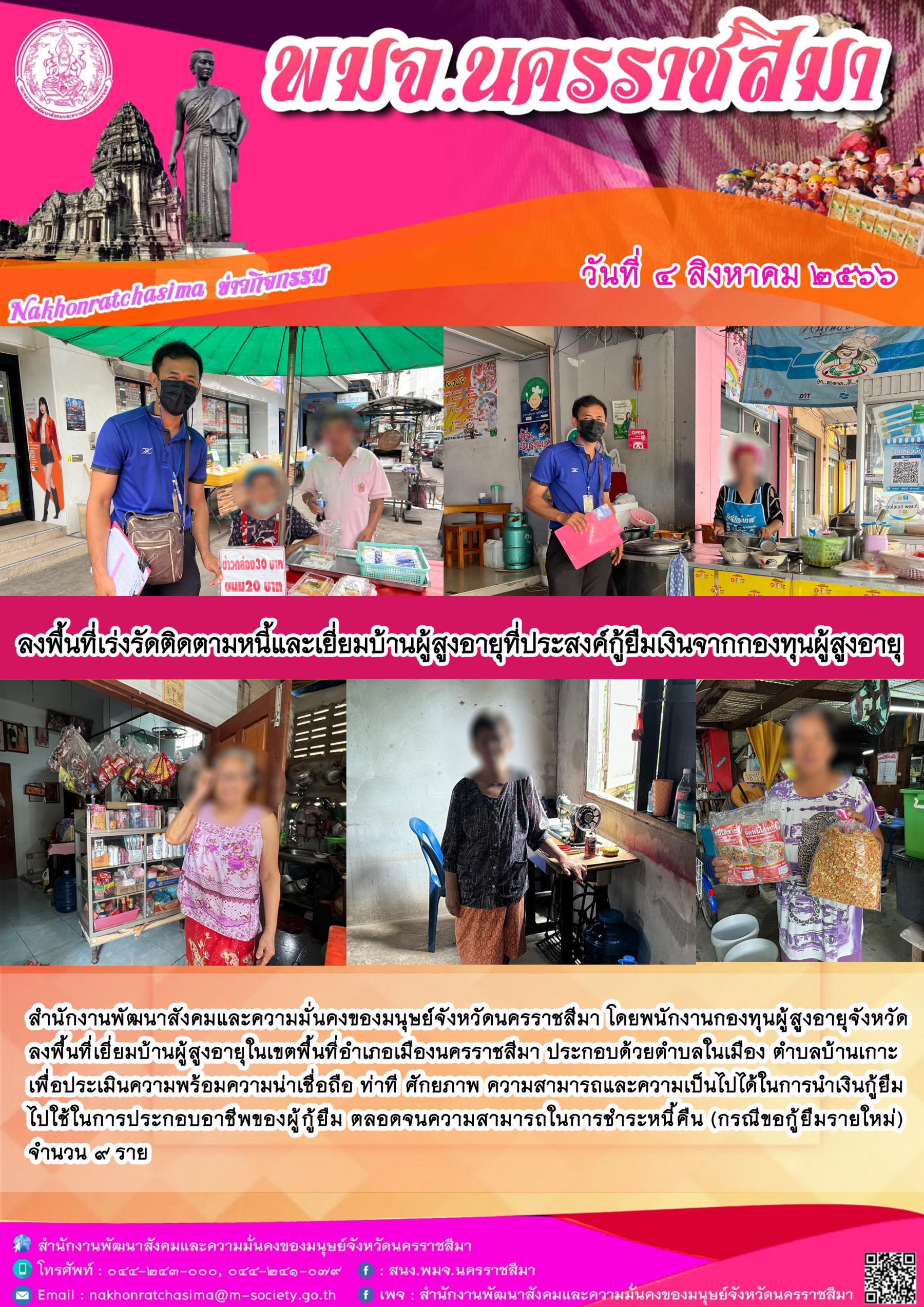 พม.นครราชสีมา ลงพื้นที่เยี่ยมบ้านติดตามคุณภาพชีวิตของผู้สูงอายุที่กู้ยืมเงินทุนประกอบอาชีพจากกองทุนผู้สูงอายุ จำนวน 9 ราย