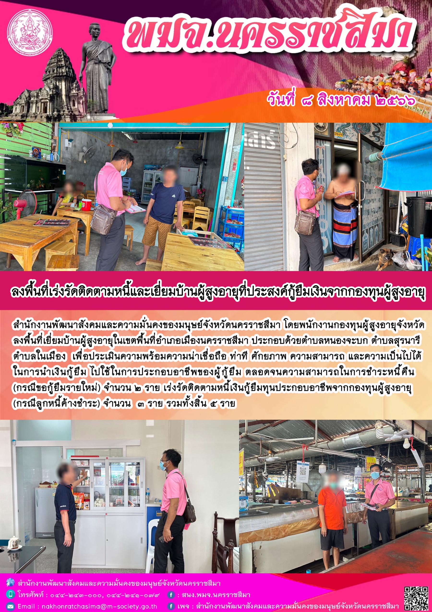 พม.นครราชสีมา ลงพื้นที่ติดตามคุณภาพชีวิตของผู้สูงอายุที่กู้ยืมเงินทุนประกอบอาชีพจากกองทุนผู้สูงอายุ จำนวน 5 ราย