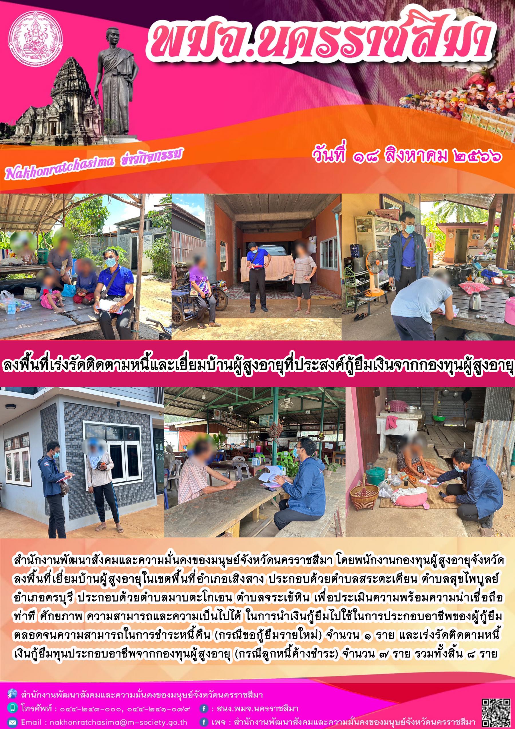 พม.นครราชสีมา ลงพื้นที่ติดตามคุณภาพชีวิตของผู้สูงอายุที่กู้ยืมเงินทุนประกอบอาชีพจากกองทุนผู้สูงอายุ จำนวน 8 ราย