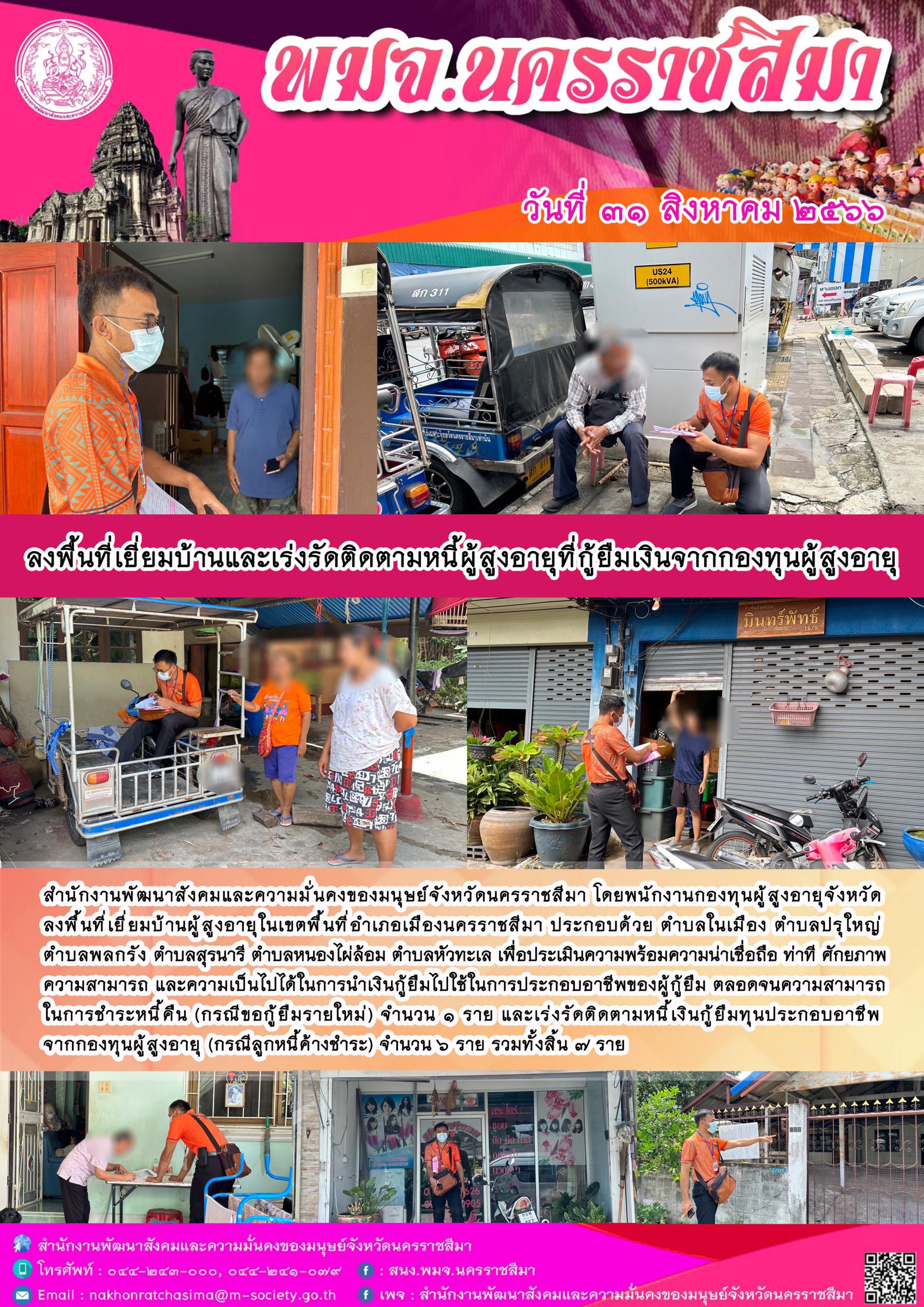 พม.นครราชสีมา ลงพื้นที่ติดตามคุณภาพชีวิตของผู้สูงอายุที่กู้ยืมเงินทุนประกอบอาชีพจากกองทุนผู้สูงอายุ จำนวน 7 ราย