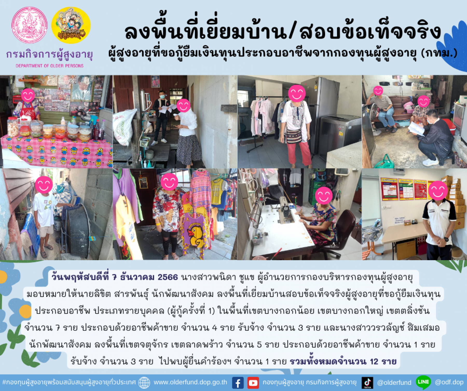 กองทุนผู้สูงอายุ (กทม.) ลงพื้นที่เยี่ยมบ้าน สอบข้อเท็จจริงผู้สูงอายุที่ขอกู้ยืมเงินทุนประกอบอาชีพจากกองทุนผู้สูงอายุ จำนวน 12 ราย