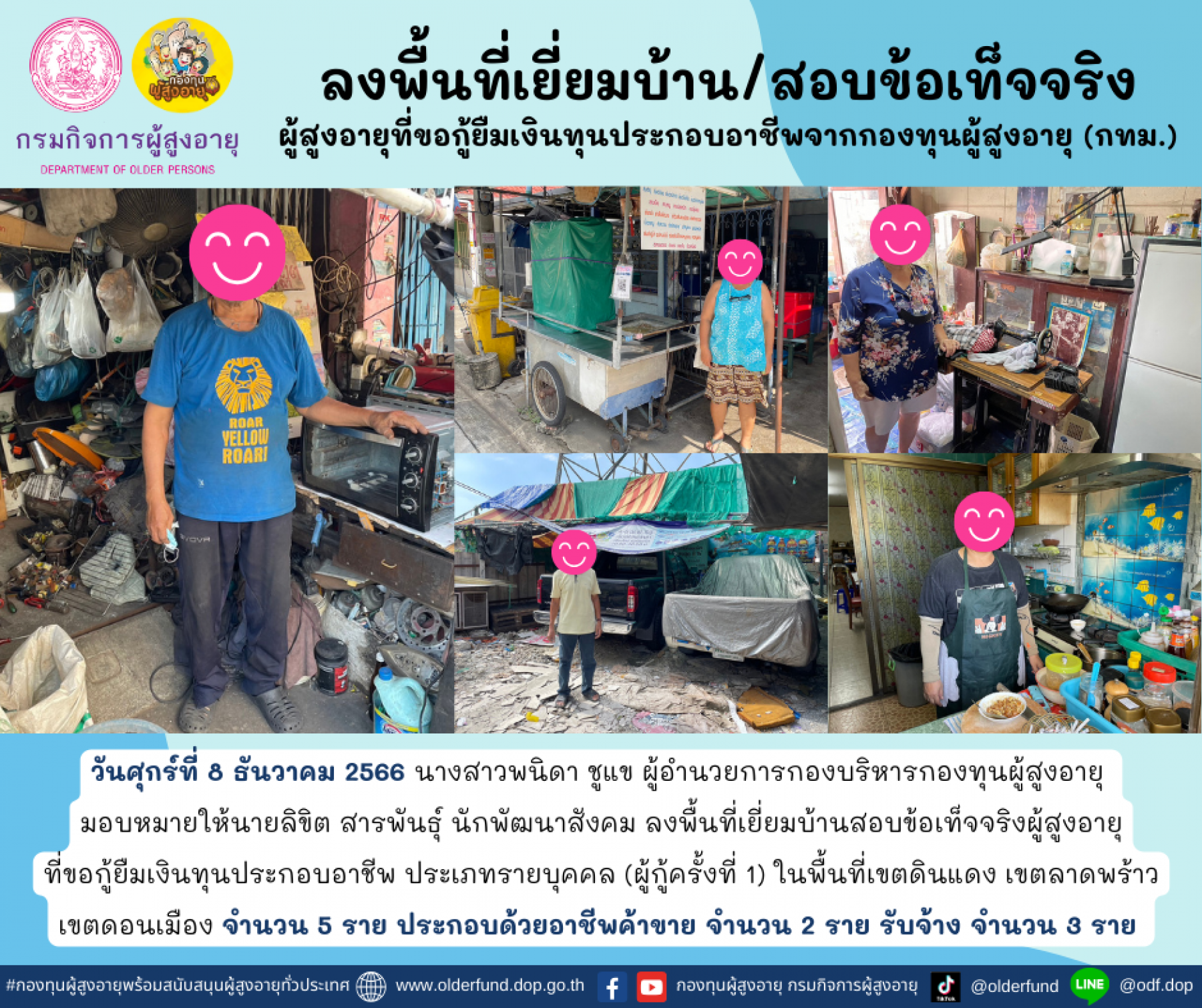 กองทุนผู้สูงอายุ (กทม.) ลงพื้นที่เยี่ยมบ้าน สอบข้อเท็จจริงผู้สูงอายุที่ขอกู้ยืมเงินทุนประกอบอาชีพจากกองทุนผู้สูงอายุ จำนวน 5 ราย