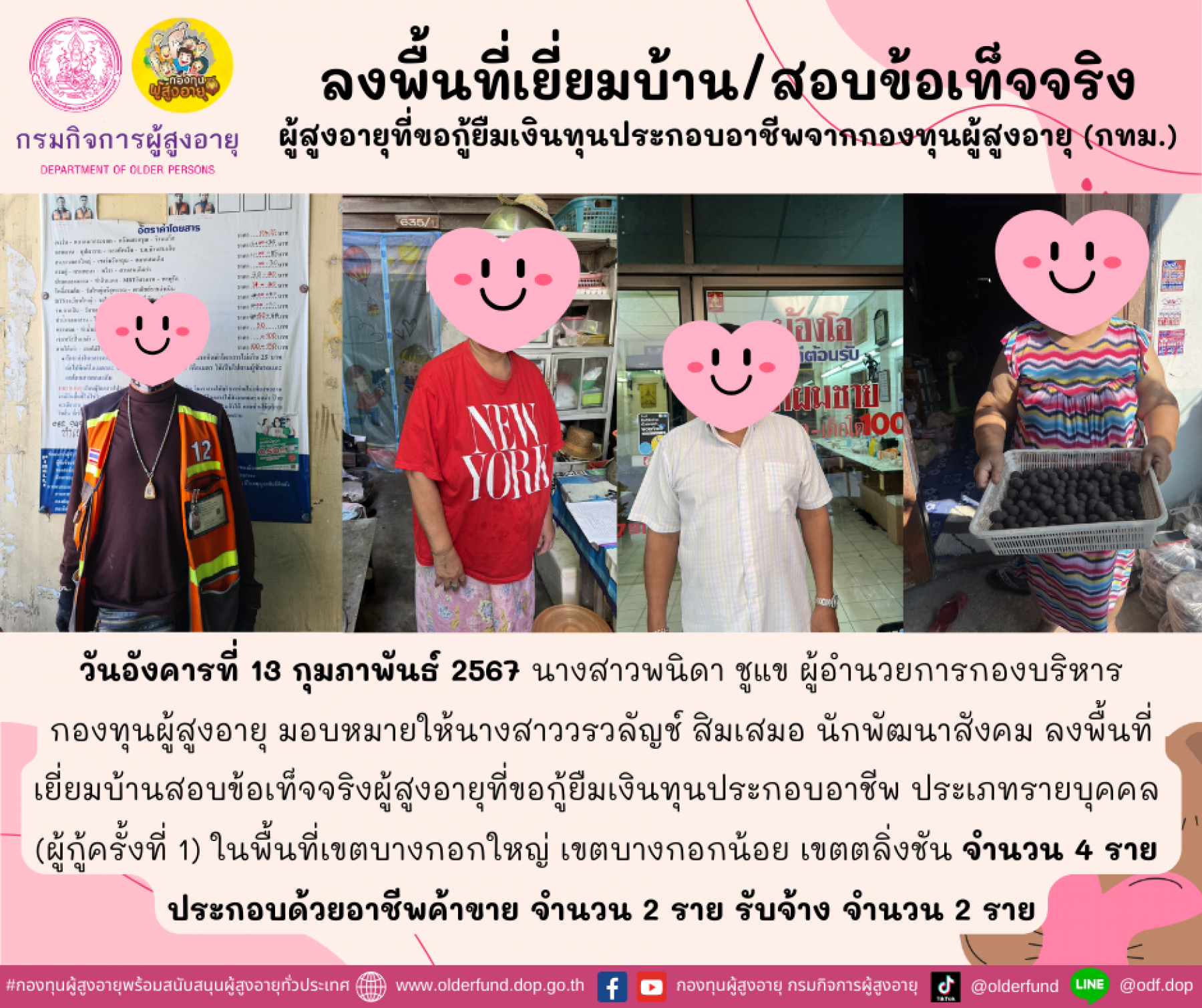 กองทุนผู้สูงอายุ (กทม.) ลงพื้นที่เยี่ยมบ้าน สอบข้อเท็จจริงผู้สูงอายุที่ขอกู้ยืมเงินทุนประกอบอาชีพจากกองทุนผู้สูงอายุ จำนวน 4 ราย