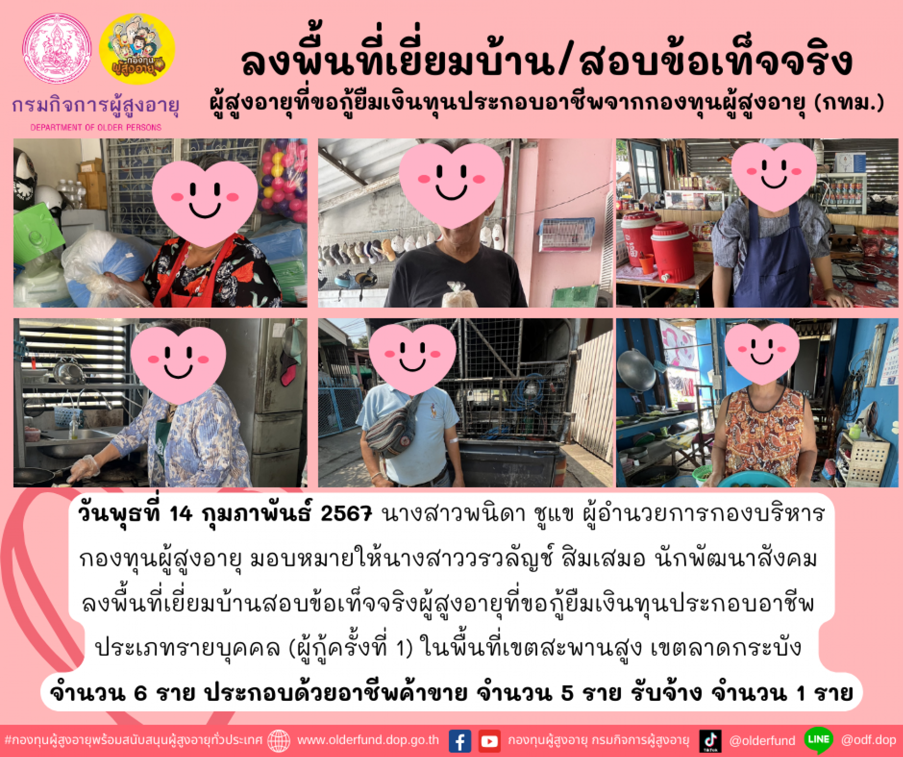 กองทุนผู้สูงอายุ (กทม.) ลงพื้นที่เยี่ยมบ้าน สอบข้อเท็จจริงผู้สูงอายุที่ขอกู้ยืมเงินทุนประกอบอาชีพจากกองทุนผู้สูงอายุ จำนวน 6 ราย