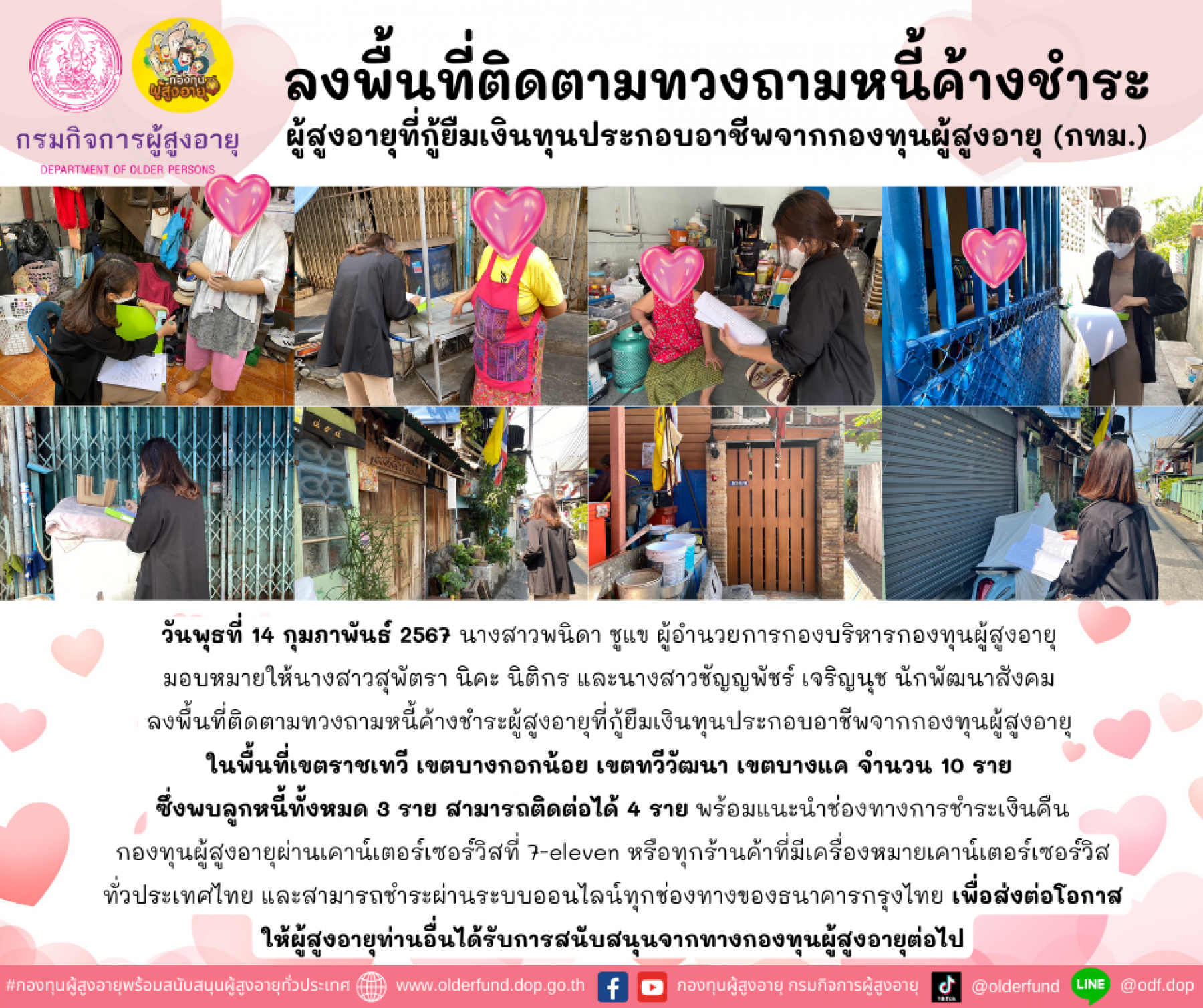 กองทุนผู้สูงอายุ (กทม.) ลงพื้นที่ติดตามทวงถามหนี้ค้างชำระผู้สูงอายุที่กู้ยืมเงินทุนประกอบอาชีพจากกองทุนผู้สูงอายุ จำนวน 10 ราย พร้อมทั้งแนะนำช่องทางการชำระเงินคืนกองทุนผู้สูงอายุ