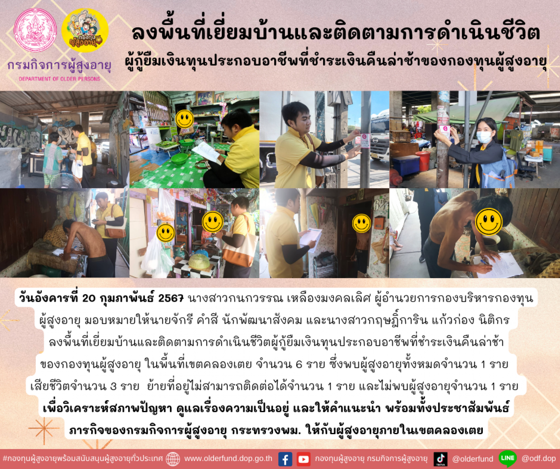 กองทุนผู้สูงอายุ (กทม.) ลงพื้นที่เยี่ยมบ้านและติดตามการดำเนินชีวิตผู้กู้ยืมเงินทุนประกอบอาชีพที่ชำระเงินคืนล่าช้าของกองทุนผู้สูงอายุ จำนวน 6 ราย