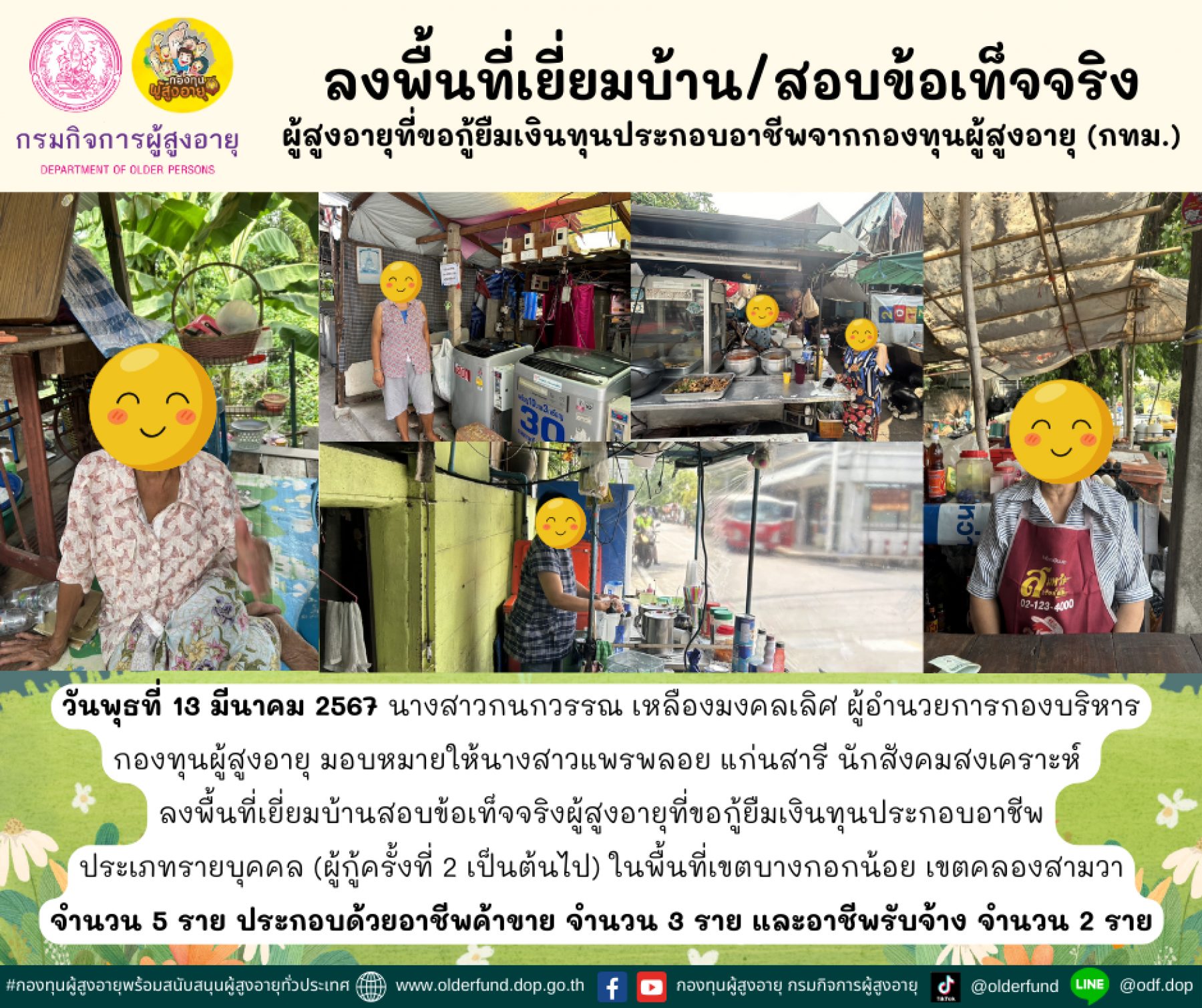 กองทุนผู้สูงอายุ (กทม.) ลงพื้นที่เยี่ยมบ้าน สอบข้อเท็จจริงผู้สูงอายุที่ขอกู้ยืมเงินทุนประกอบอาชีพจากกองทุนผู้สูงอายุ จำนวน 5 ราย