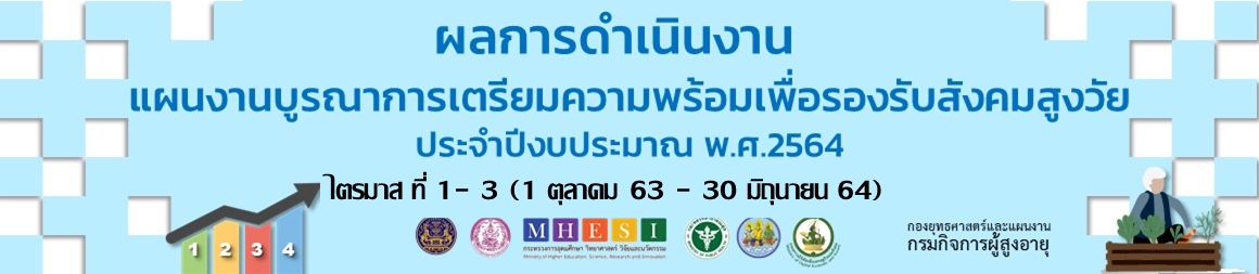 ผลการดำเนินงานแผนงานบูรณาการเตรียมความพร้อมเพื่อรองรับสังคมสูงวัย ปี 64 ไตรมาส ที่ 1- 3 (1 ตุลาคม 63 - 30 มิถุนายน 64)