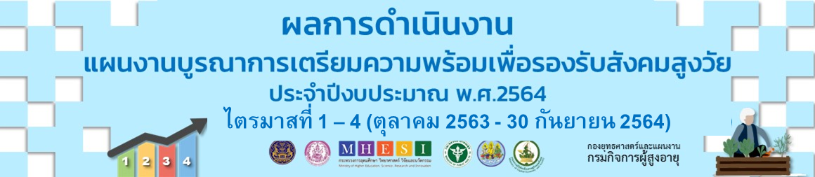 ผลการดำเนินงานแผนงานบูรณาการเตรียมความพร้อมเพื่อรองรับสังคมสูงวัย ปี 64 ไตรมาสที่ 1 – 4 (ตุลาคม 2563 - 30 กันยายน 2564