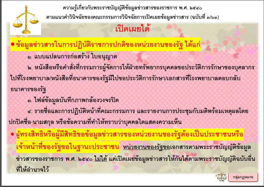 ความรู้ทั่วไปเกี่ยวกับพระราชบัญญัติข้อมูลข่าวสารของราชการ พ.ศ.2540 (ข้อมูลข่าวสารในการปฏิบัติราชการปกติของหน่วยงานของรัฐ)