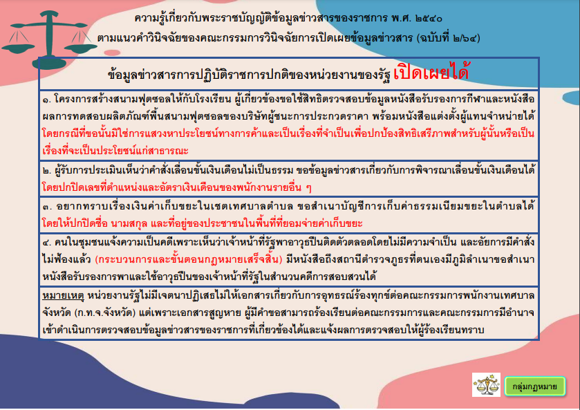 ความรู้เกี่ยวกับพระราชบัญญัติข้อมูลข่าวสารของราชการ พ.ศ.2540 (ข้อมูลข่าวสารการปฏิบัติราชการปกติของหน่วยงานของรัฐเปิดเผยได้)