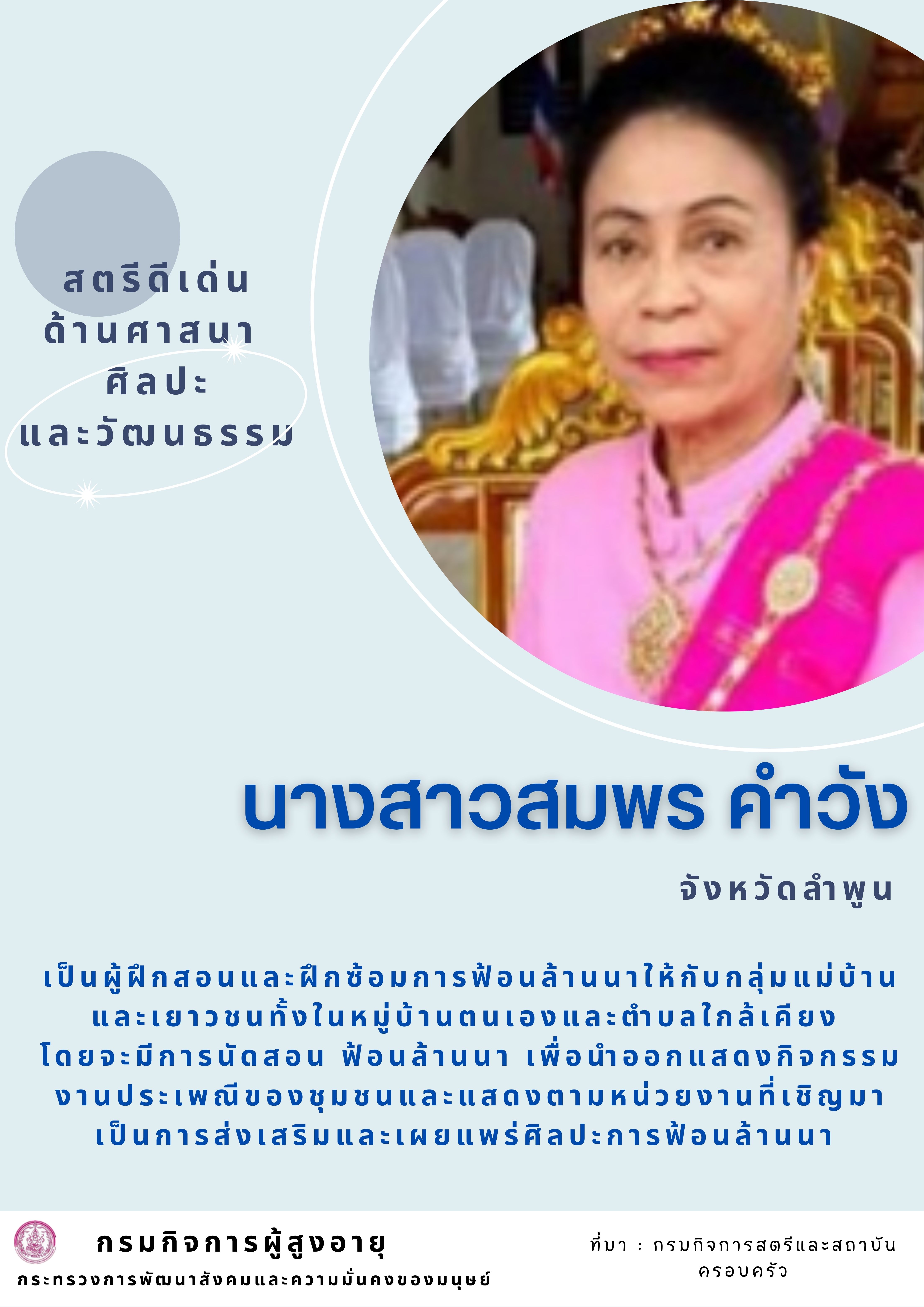 สตรีดีเด่นด้านศาสนา ศิลปะ และวัฒนธรรม นางสาวสมพร คำวัง