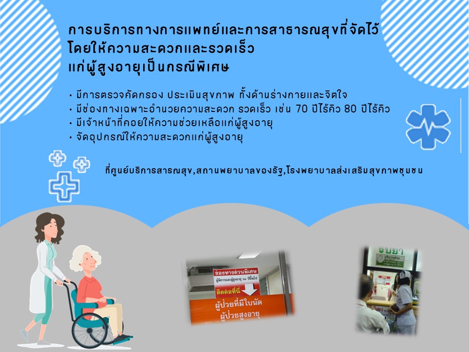 การบริการทางการแพทย์และการสาธารณสุขที่จัดไว้ โดยให้ความสะดวกและรวดเร็วแก่ผู้สูงอายุเป็นกรณีพิเศษ