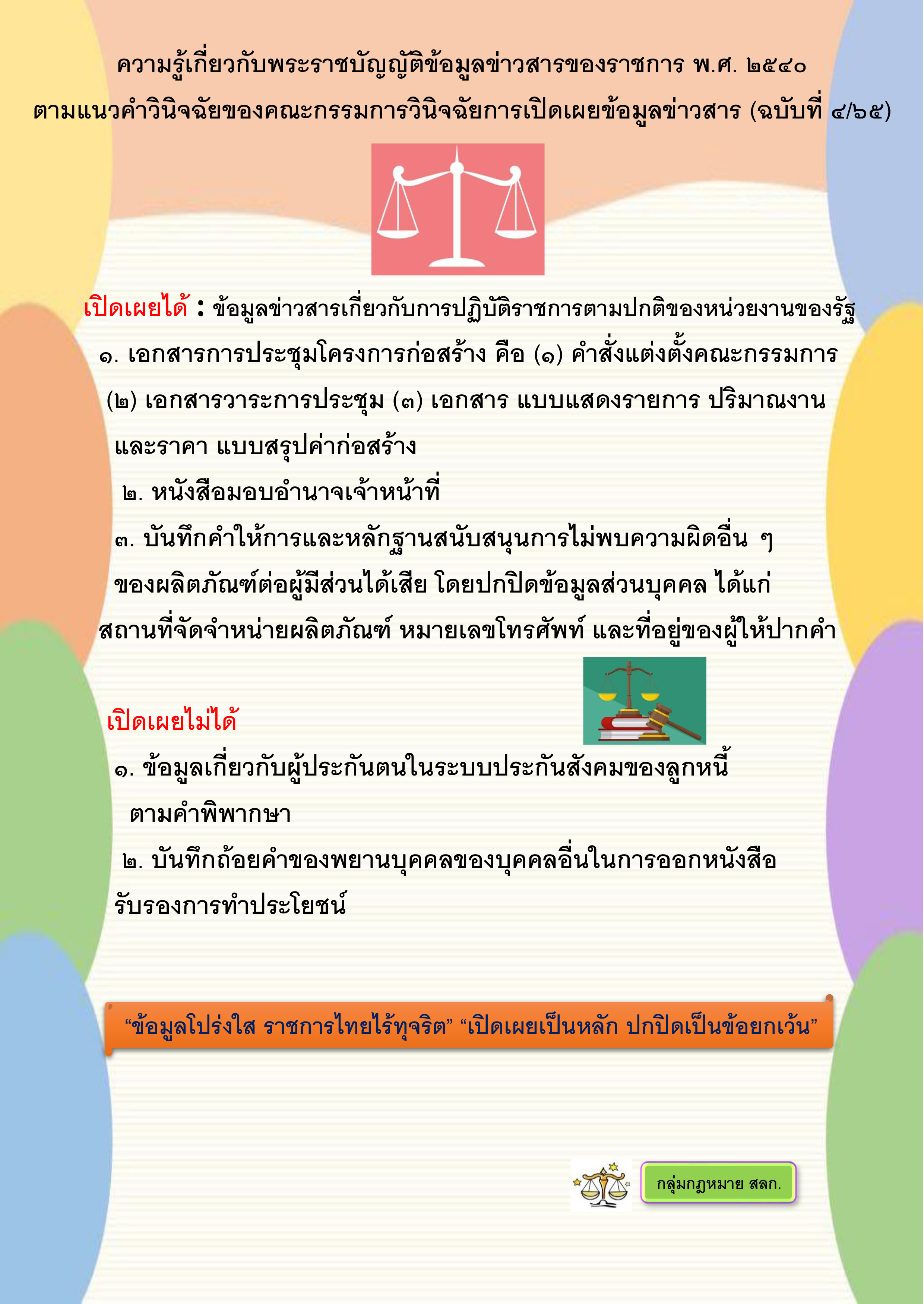 ความรู้เกี่ยวกับพระราชบัญญัติข้อมูลข่าวสารราชการ พ.ศ. 2540 ตามแนวคำวินิจฉัยของคณะกรรมการวินิจฉัยการเปิดเผยข้อมูลข่าวสาร (ฉบับที่ 4/65)