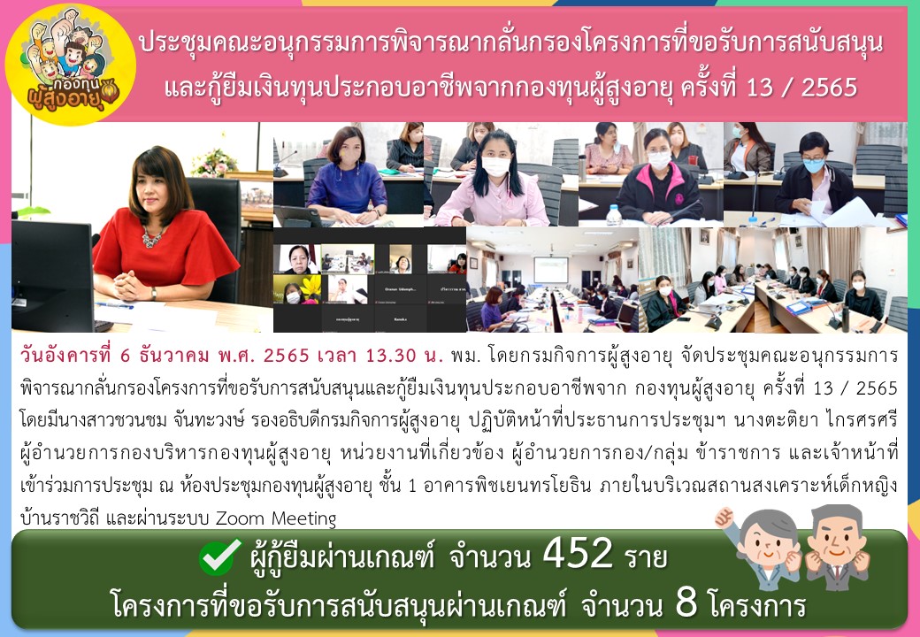 ประชุมคณะอนุกรรมการพิจารณากลั่นกรองโครงการที่ขอรับการสนับสนุนและกู้ยืมเงินทุนประกอบอาชีพจากกองทุนผู้สูงอายุ ครั้งที่ 13 / 2565