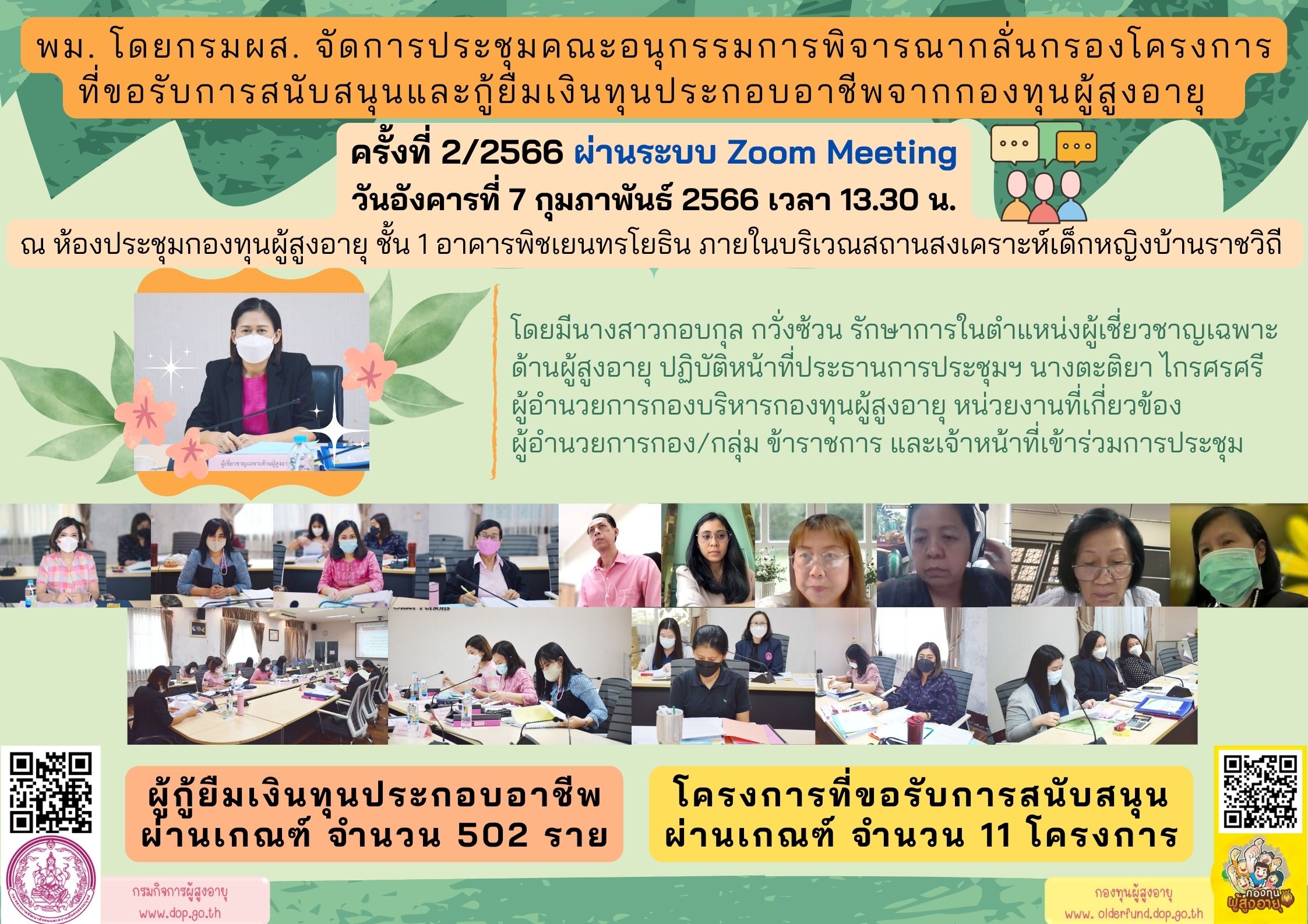 ประชุมคณะอนุกรรมการพิจารณากลั่นกรองโครงการที่ขอรับการสนับสนุนและกู้ยืมเงินทุนประกอบอาชีพจากกองทุนผู้สูงอายุ ครั้งที่ 2/2566