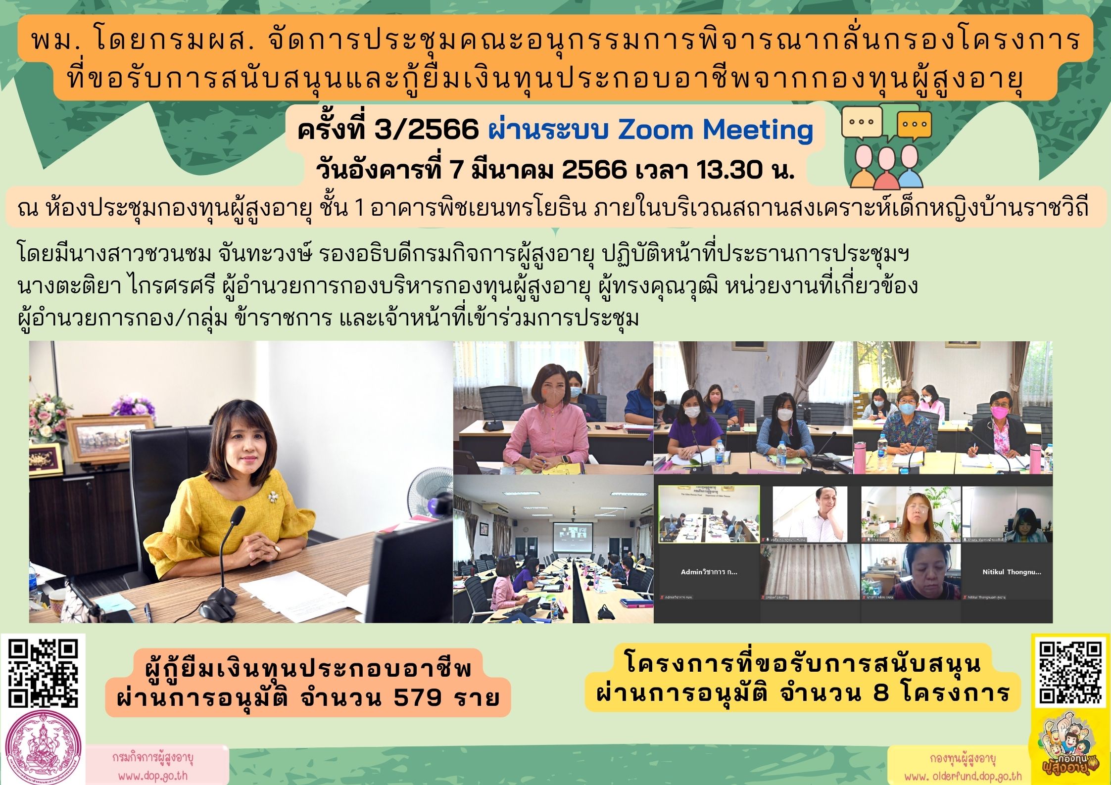 ประชุมคณะอนุกรรมการพิจารณากลั่นกรองโครงการที่ขอรับการสนับสนุนและกู้ยืมเงินทุนประกอบอาชีพจากกองทุนผู้สูงอายุ ครั้งที่ 3/2566