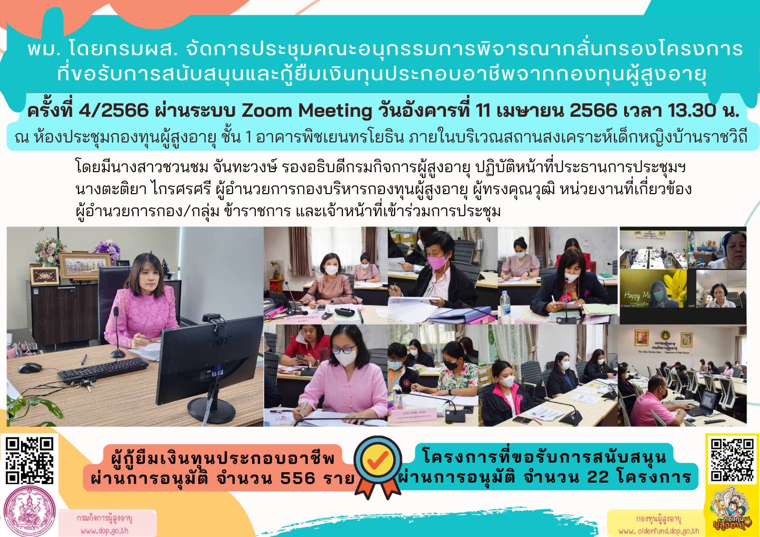 ประชุมคณะอนุกรรมการพิจารณากลั่นกรองโครงการที่ขอรับการสนับสนุนและกู้ยืมเงินทุนประกอบอาชีพจากกองทุนผู้สูงอายุ ครั้งที่ 4/ 2566