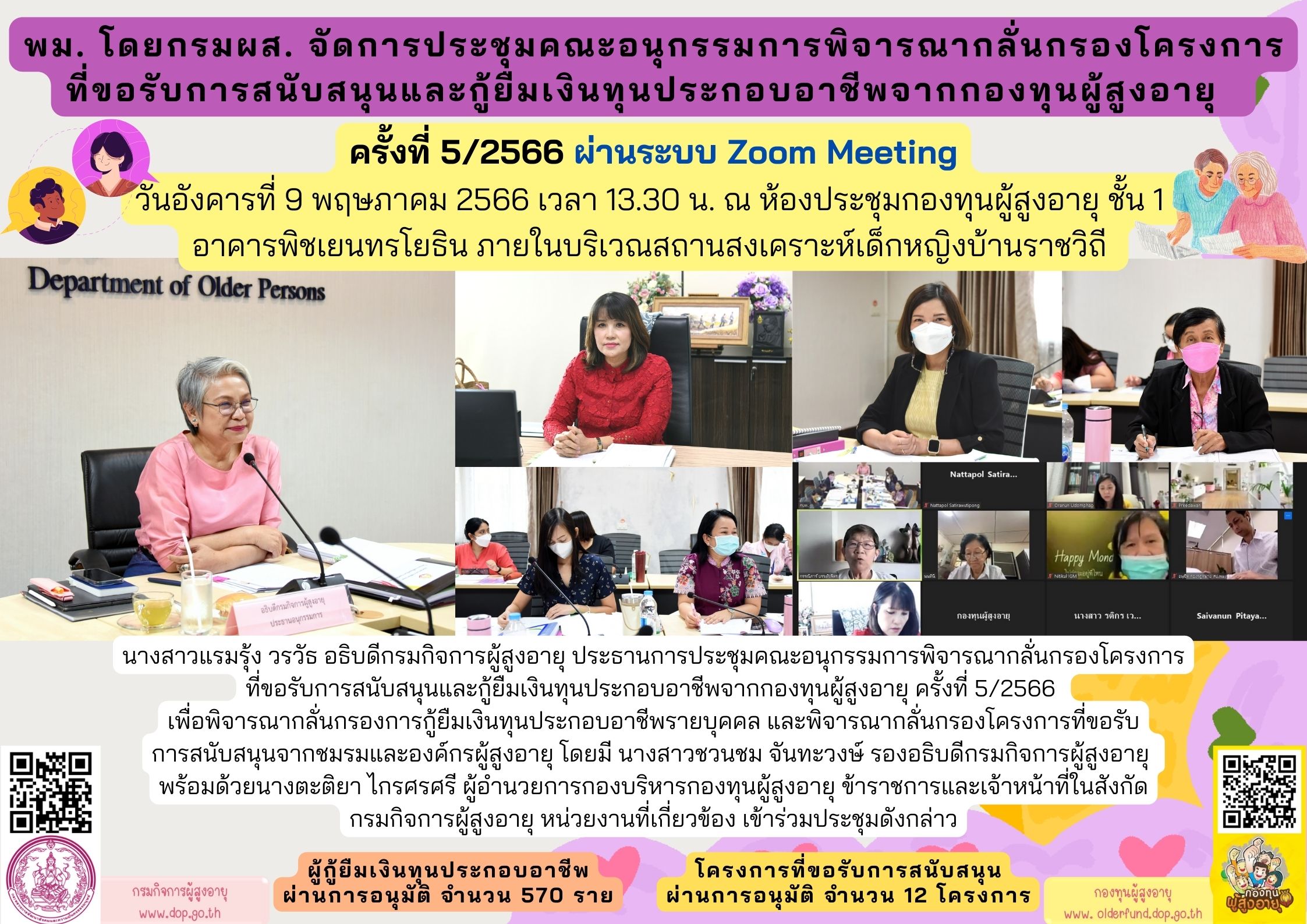 พม. โดย กรม ผส. จัดประชุมคณะอนุกรรมการพิจารณากลั่นกรองโครงการที่ขอรับการสนับสนุนและกู้ยืมเงินทุนประกอบอาชีพจากกองทุนผู้สูงอายุ ครั้งที่ 5/2566