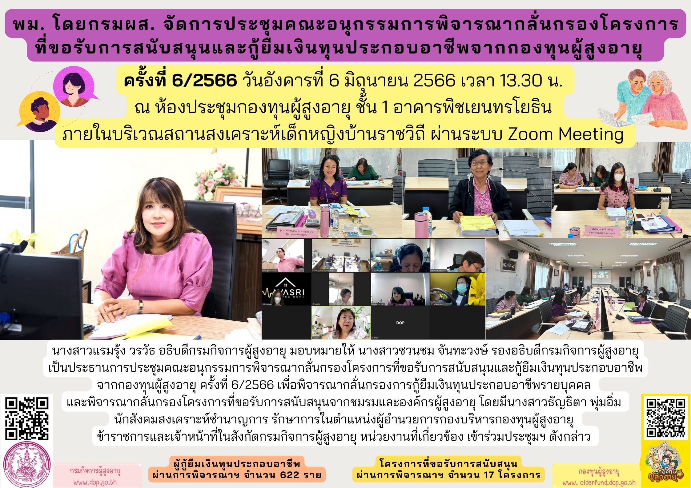 พม. โดยกรมผส. จัดการประชุมคณะอนุกรรมการพิจารณากลั่นกรองโครงการ ที่ขอรับการสนับสนุนและกู้ยืมเงินทุนประกอบอาชีพจากกองทุนผู้สูงอายุ ครั้งที่6/2566