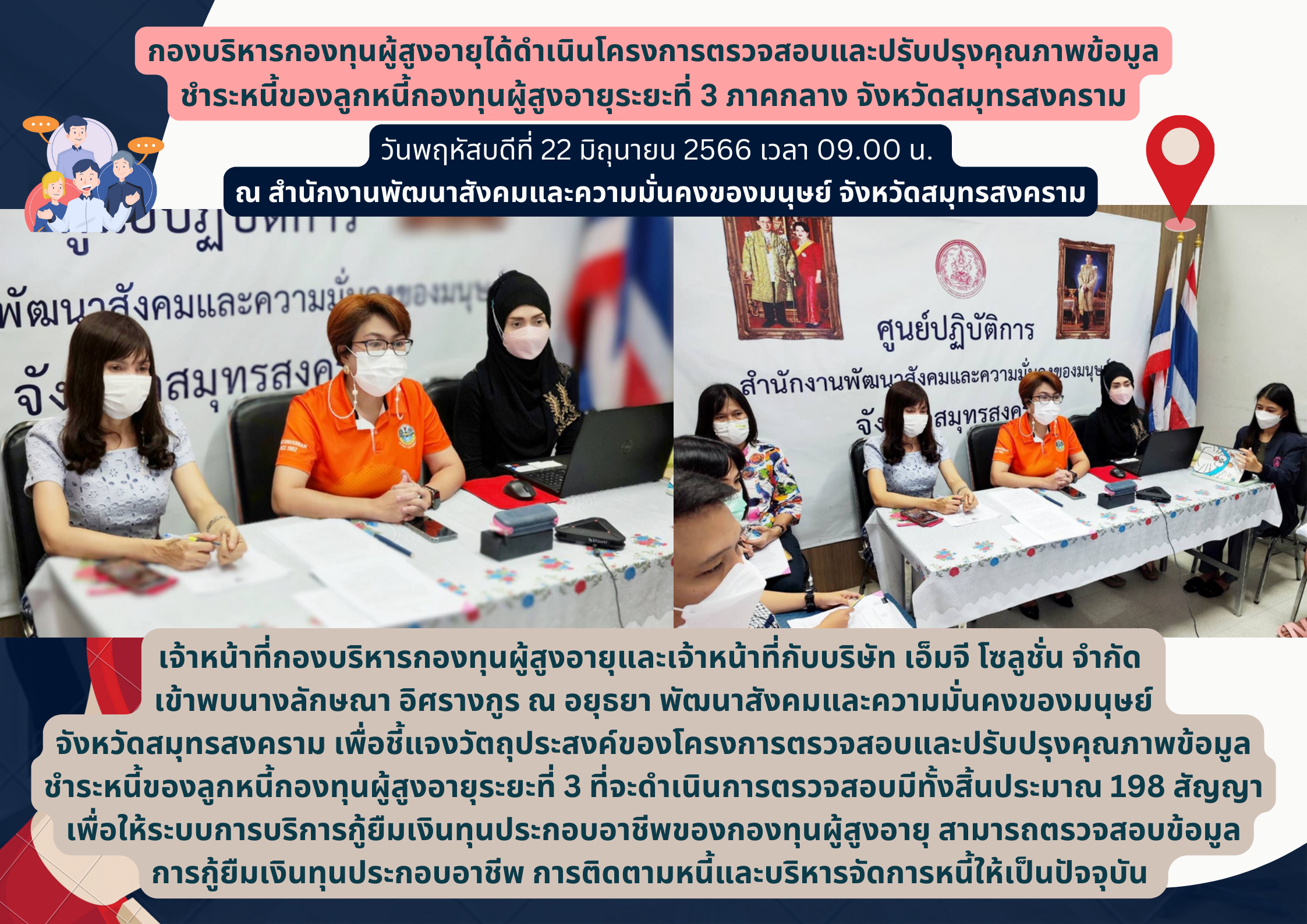 กองบริหารกองทุนผู้สูงอายุได้ดำเนินโครงการตรวจสอบและปรับปรุงคุณภาพข้อมูลชำระหนี้ของลูกหนี้กองทุนผู้สูงอายุระยะที่ 3 ภาคกลาง จังหวัดสมุทรสงคราม