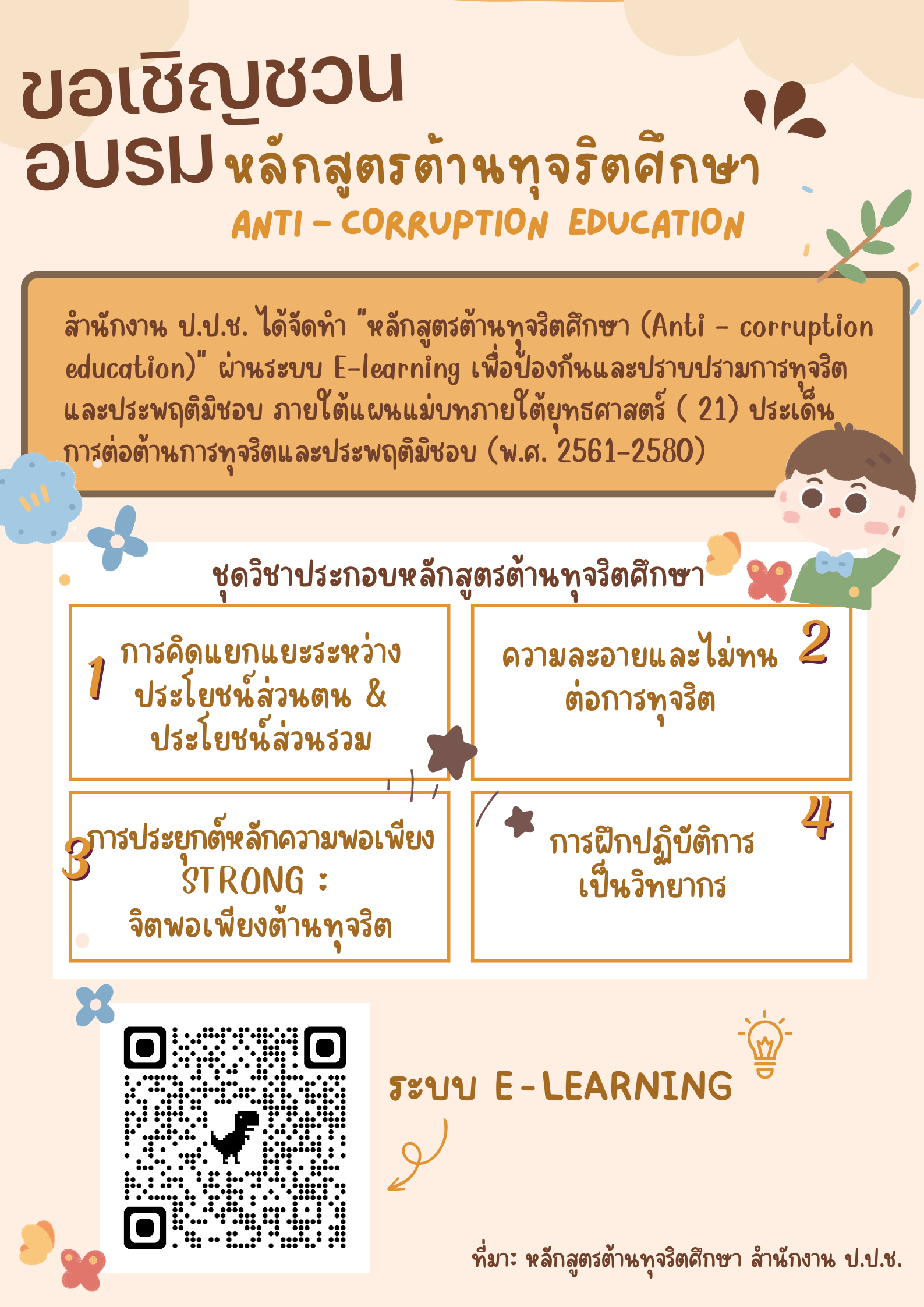 ขอเชิญชวนอบรม หลักสูตรต้านทุจริตศึกษา ANTI - CORRUPTION EDCATION