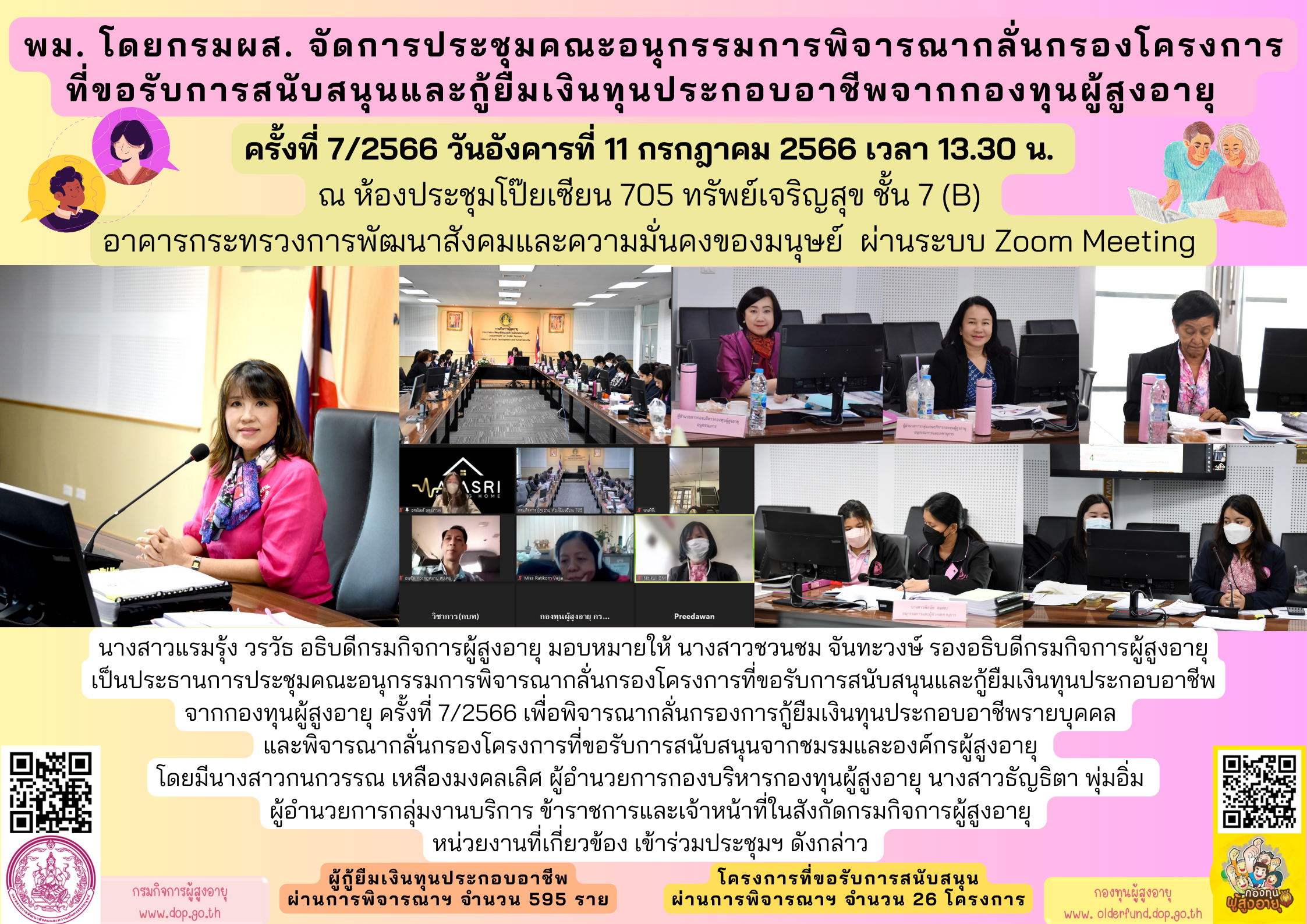 พม. โดยกรมผส. จัดการประชุมคณะอนุกรรมการพิจารณากลั่นกรองโครงการ ที่ขอรับการสนับสนุนและกู้ยืมเงินทุนประกอบอาชีพจากกองทุนผู้สูงอายุ ครั้งที่ 7/2566